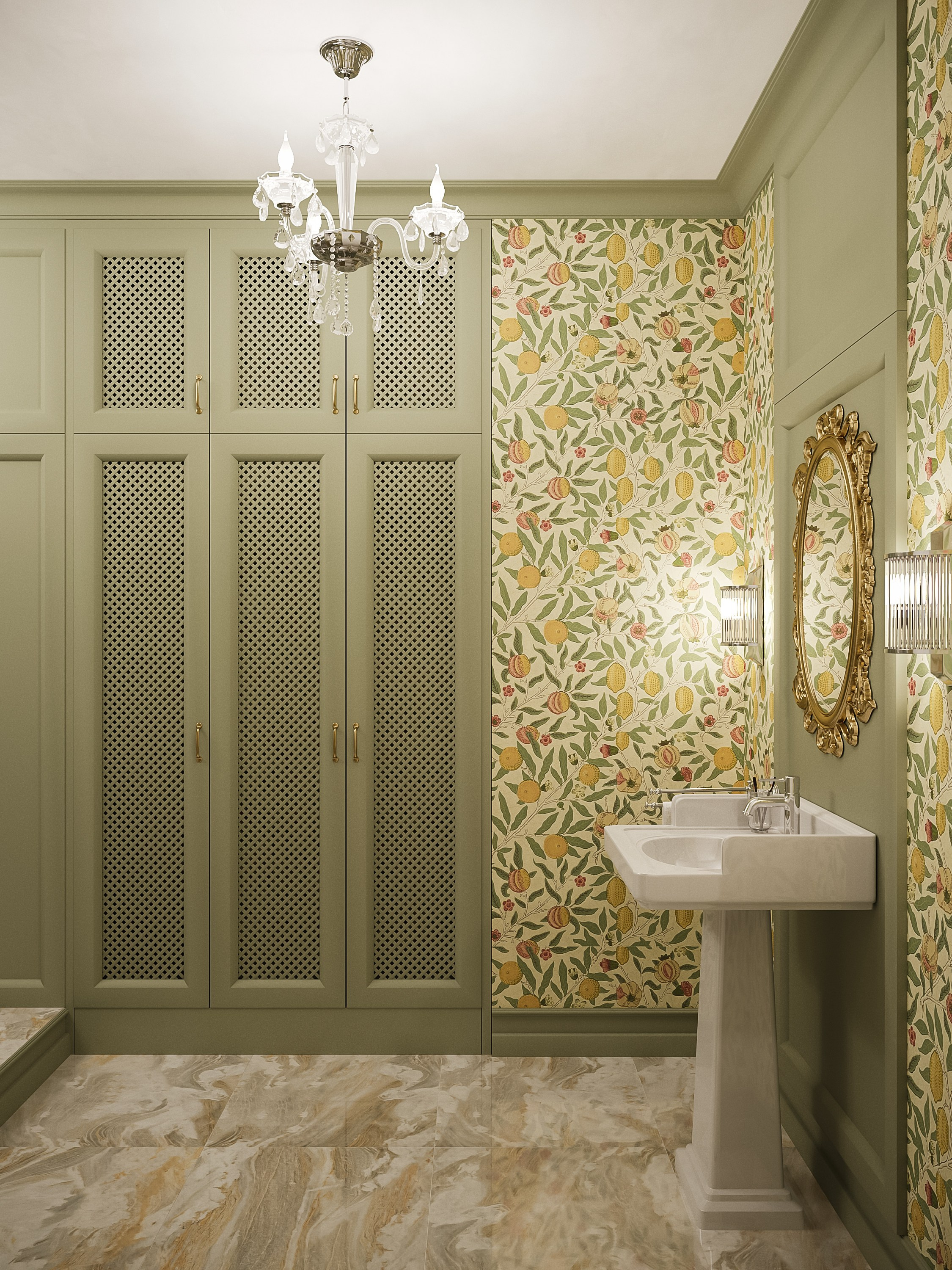 интерьер ванной комнаты в классическом стиле с резным зеркалом и обоями, прачечный блок в шкафу