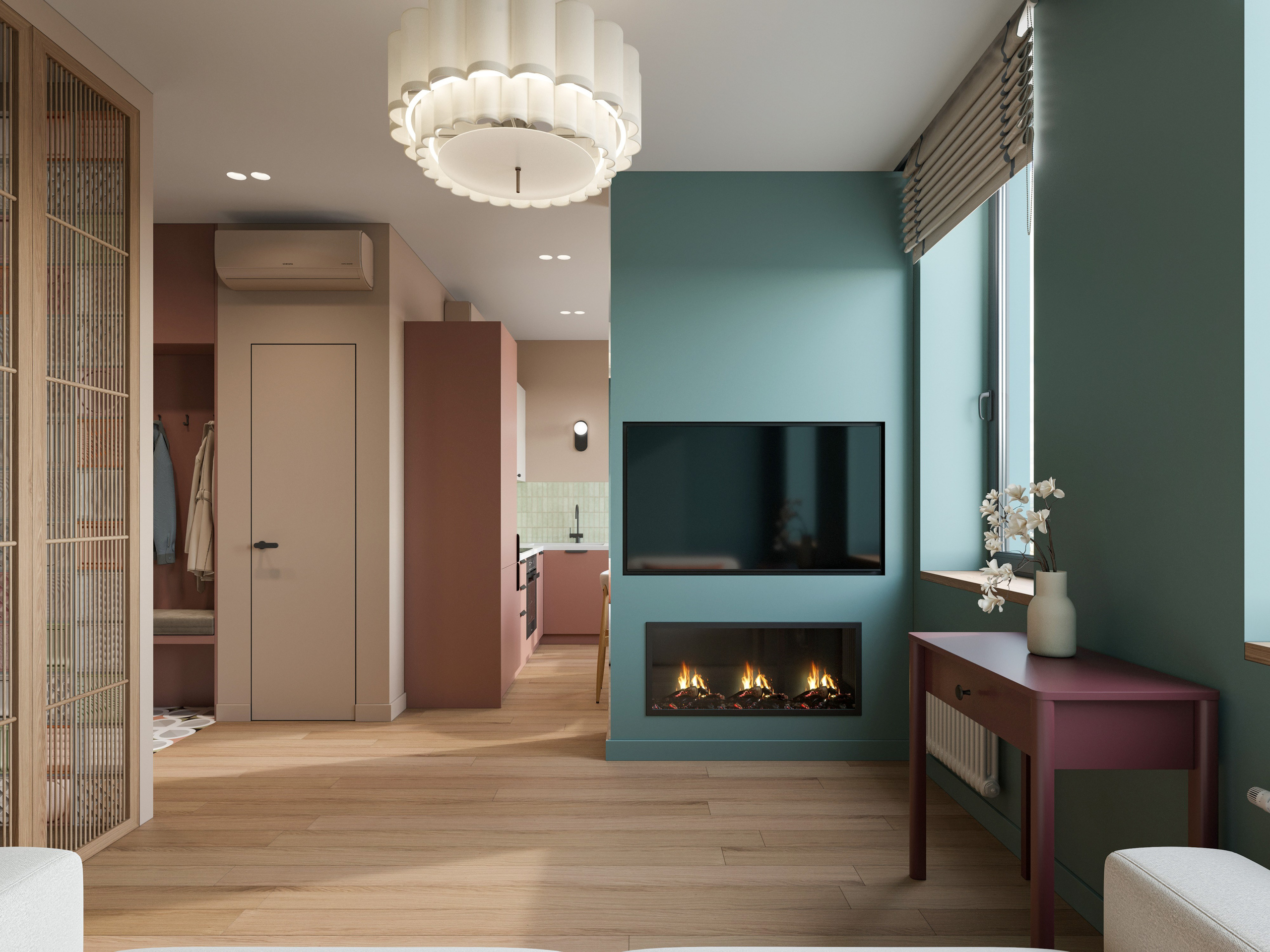 Спальная зона со скрытой кроватью в нише в интерьере студии