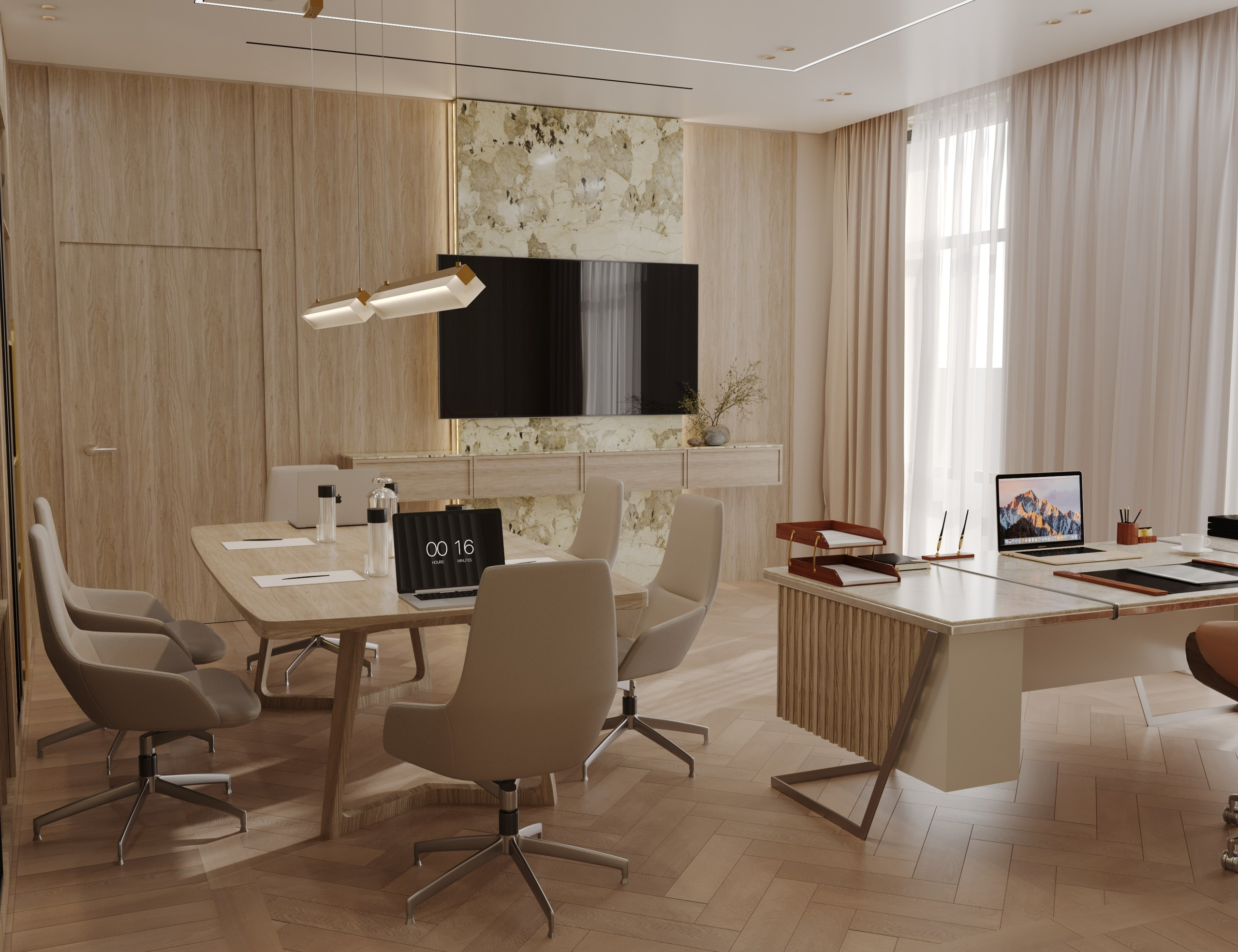 Переговорная зона в кабинете директора: стол для совещаний и бежевые кресла