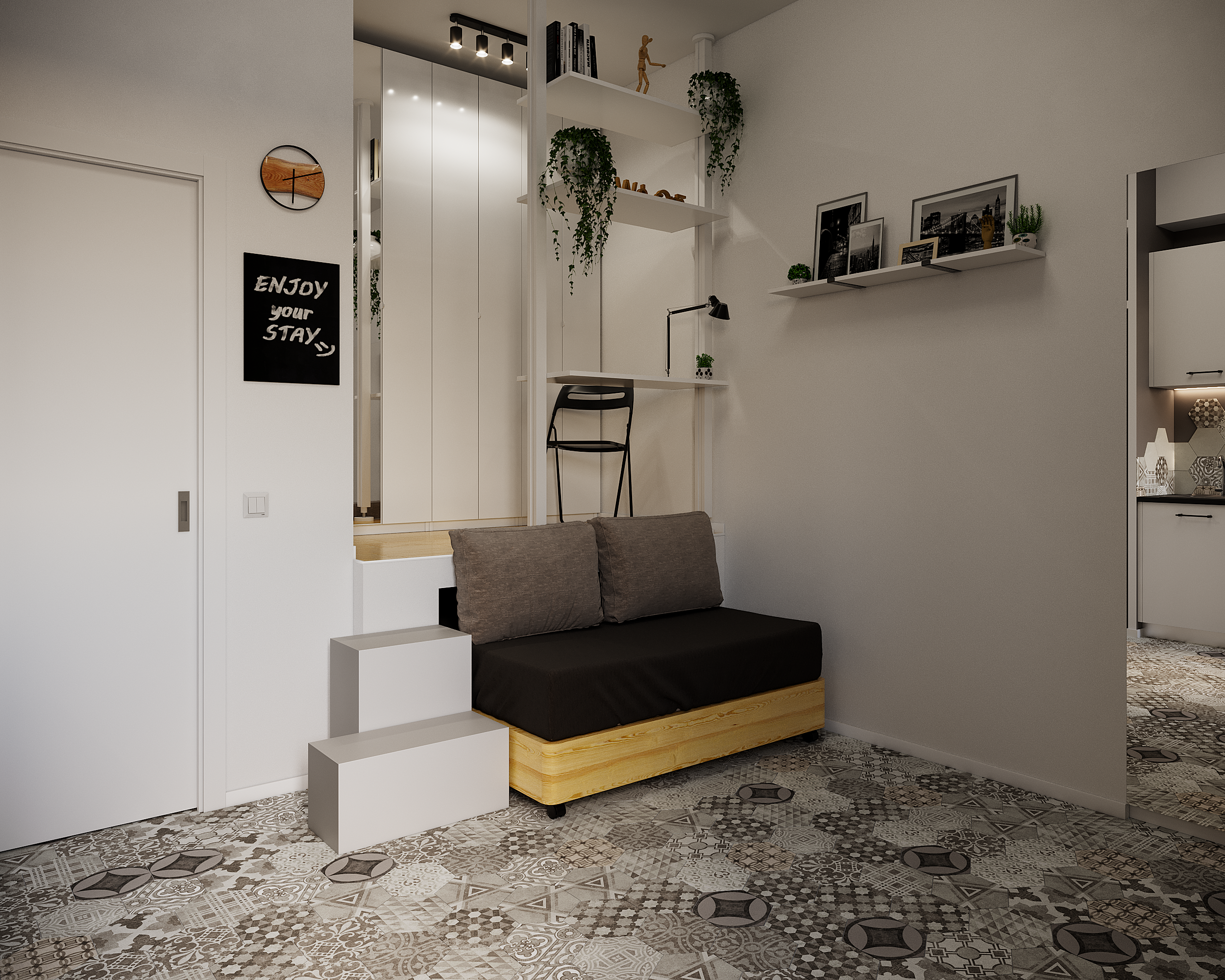 Зона отдыха в квартире-студии с диваном на подиуме, белыми полками с растениями 