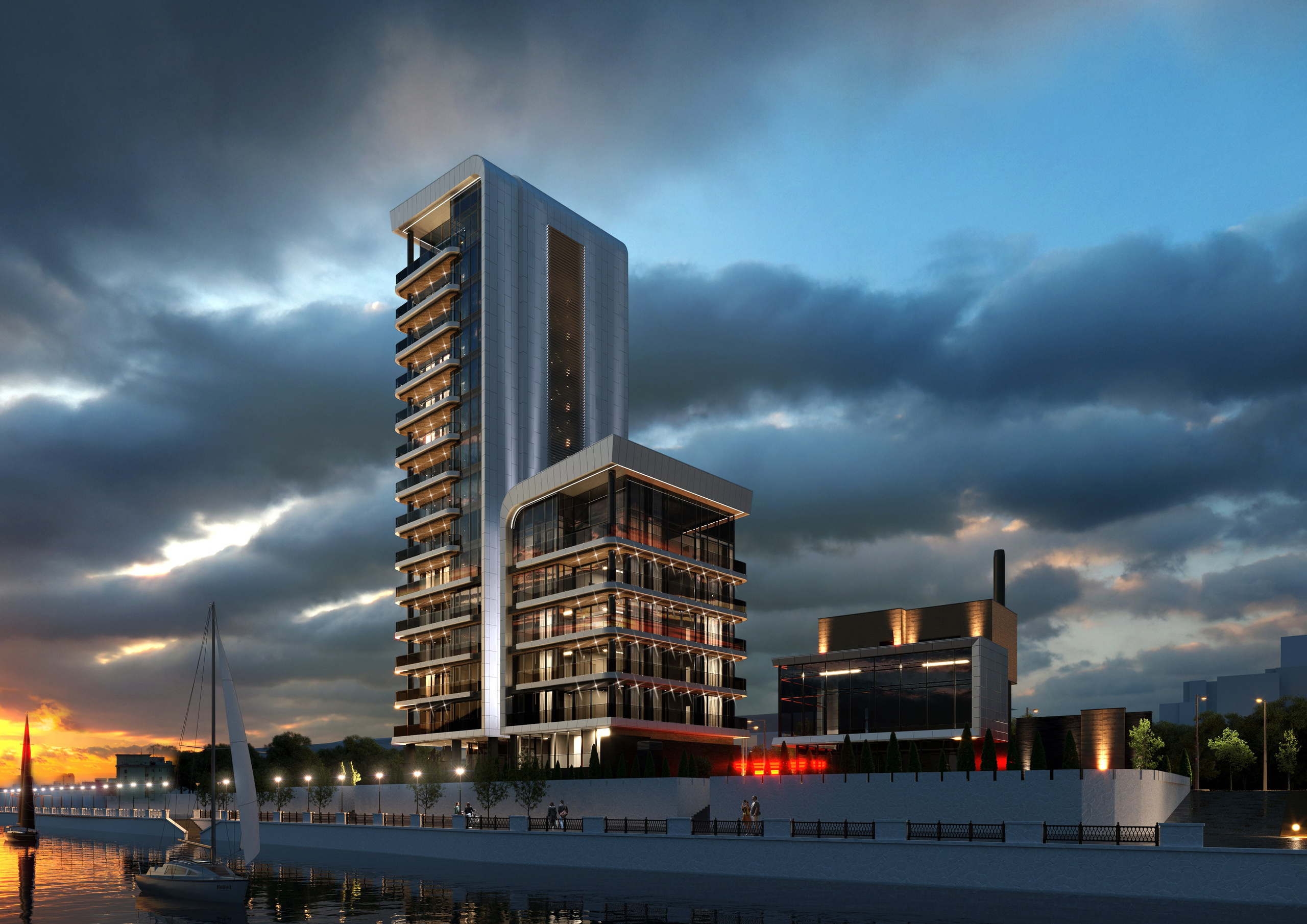 Высотное здание у набережной — 3D-визуализация архитектуры. 3Д Визуализация Интерьера и Архитектуры