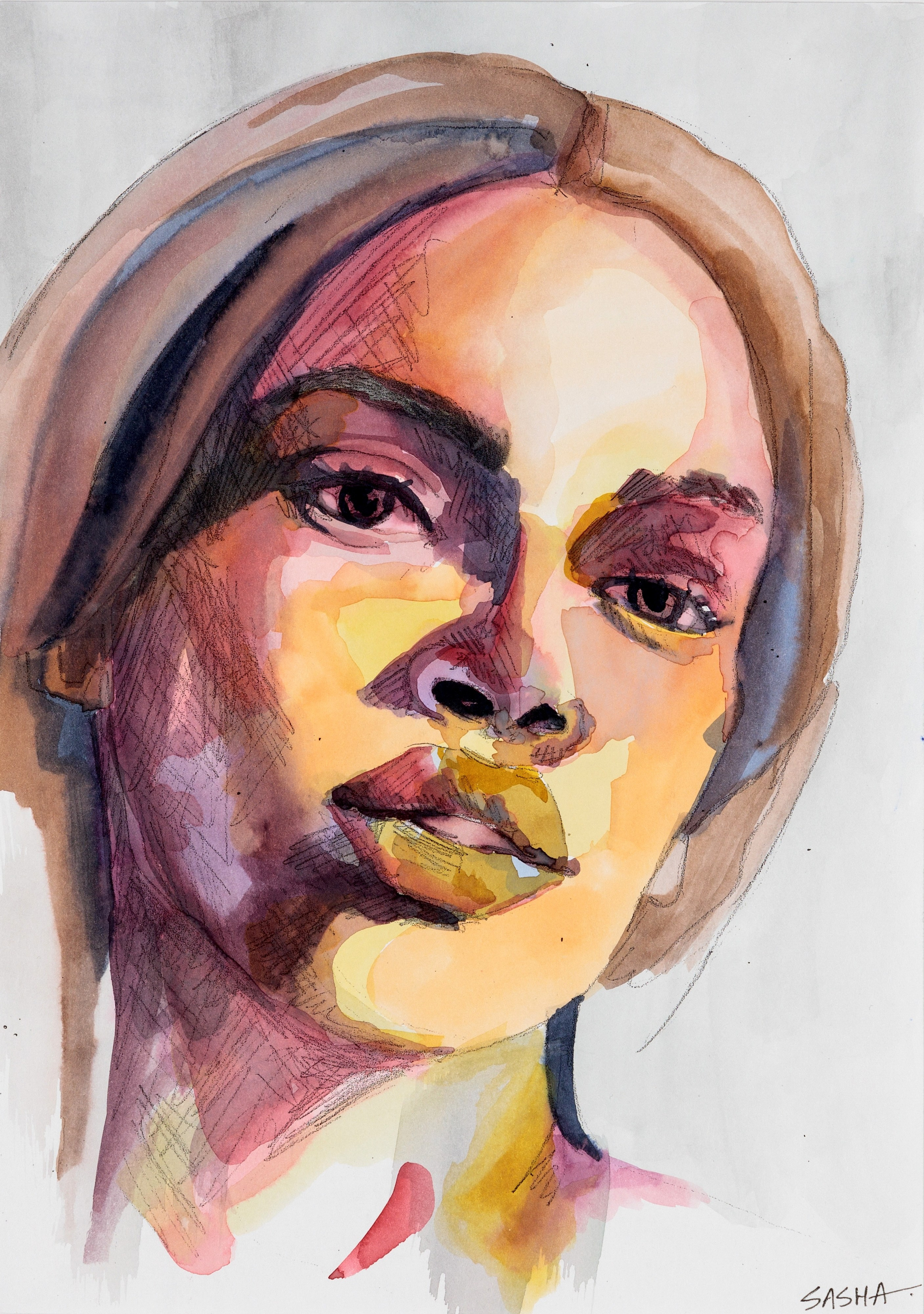 акварельный портрет девушки с интересной игрой света и тени