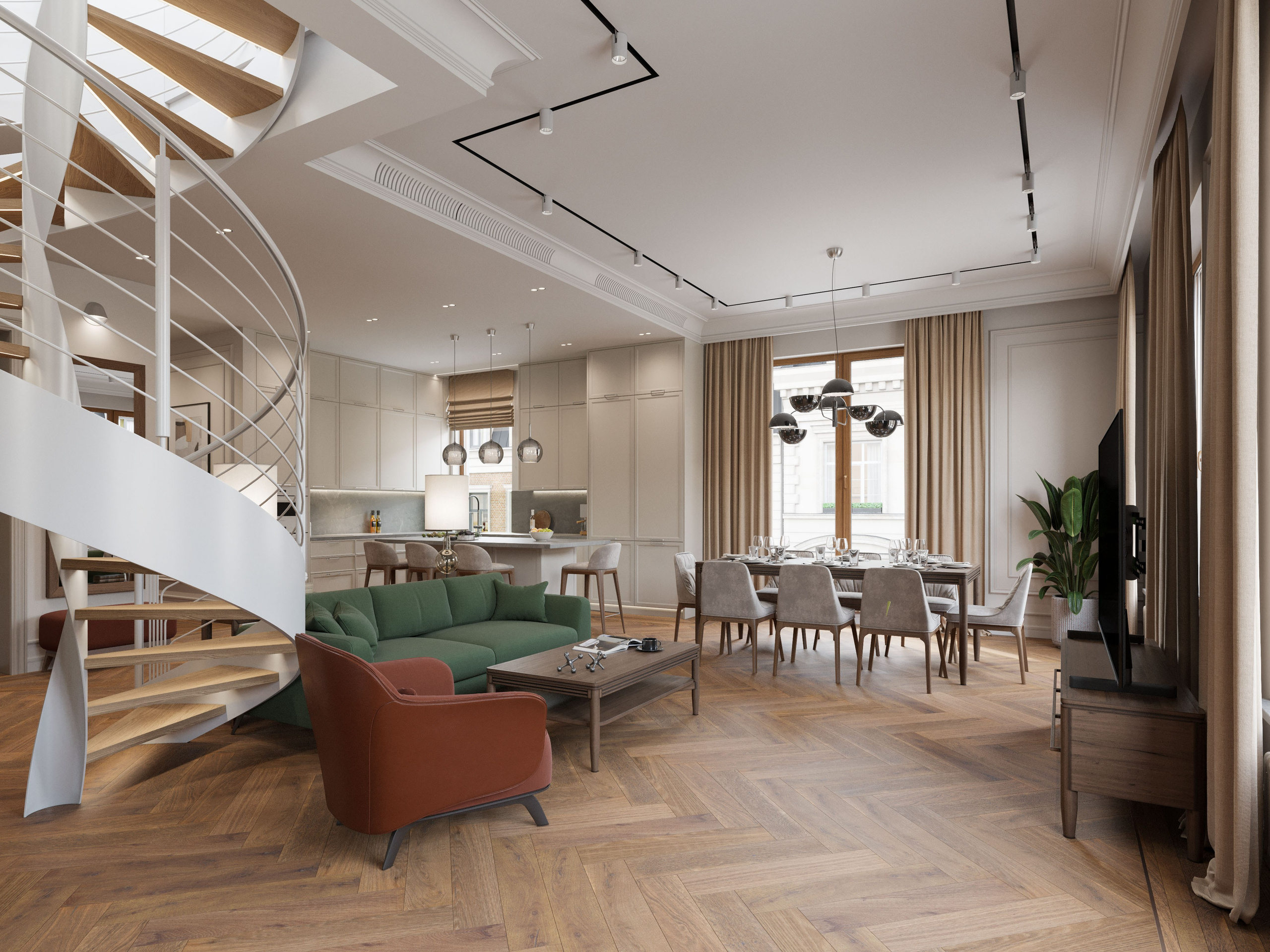 Просторная гостиная петербургской квартиры с высокими потолками и современным освещением