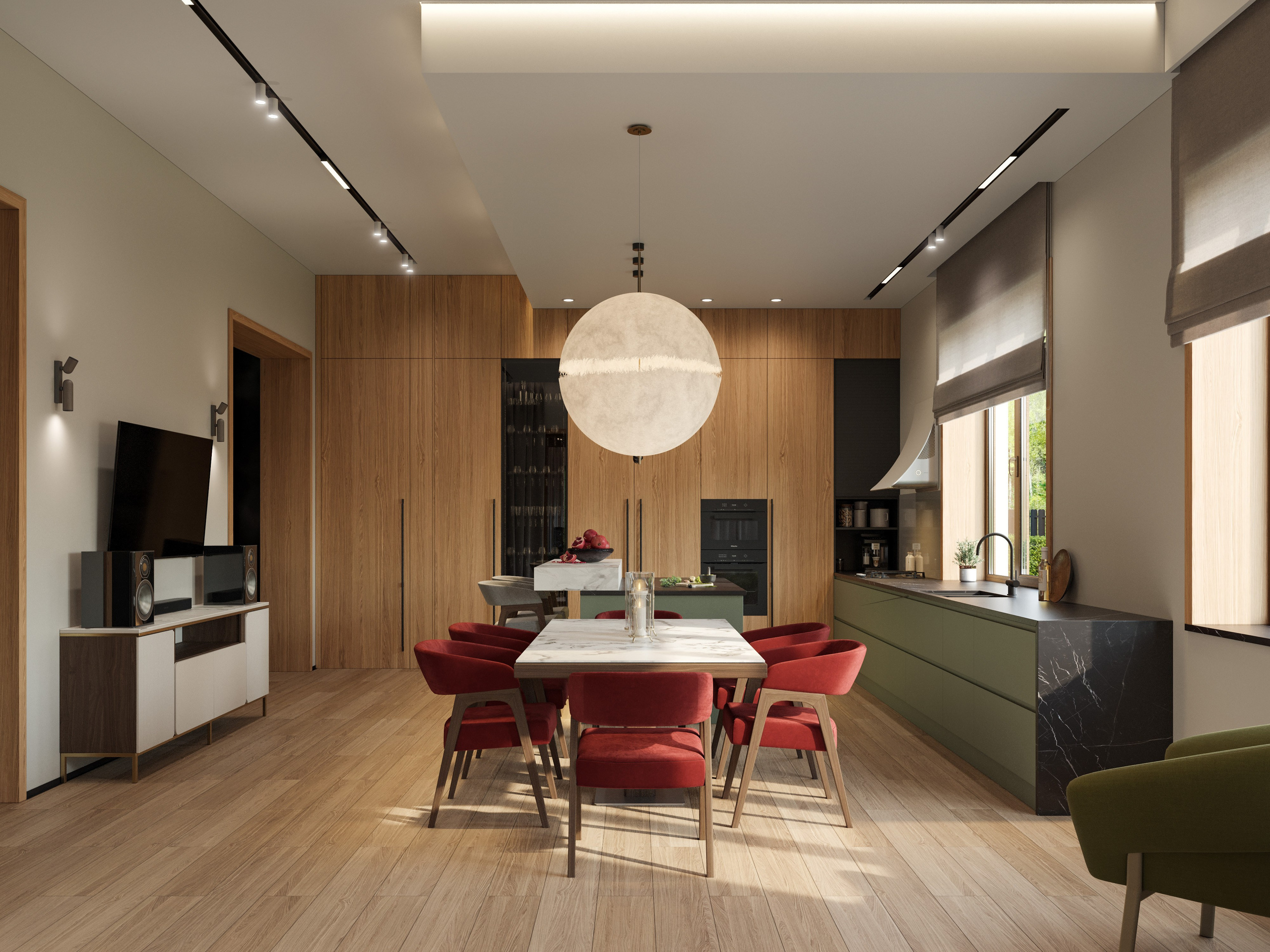 Современная кухня с барной стойкой и обеденным столом на 4 персоны - 3D рендер