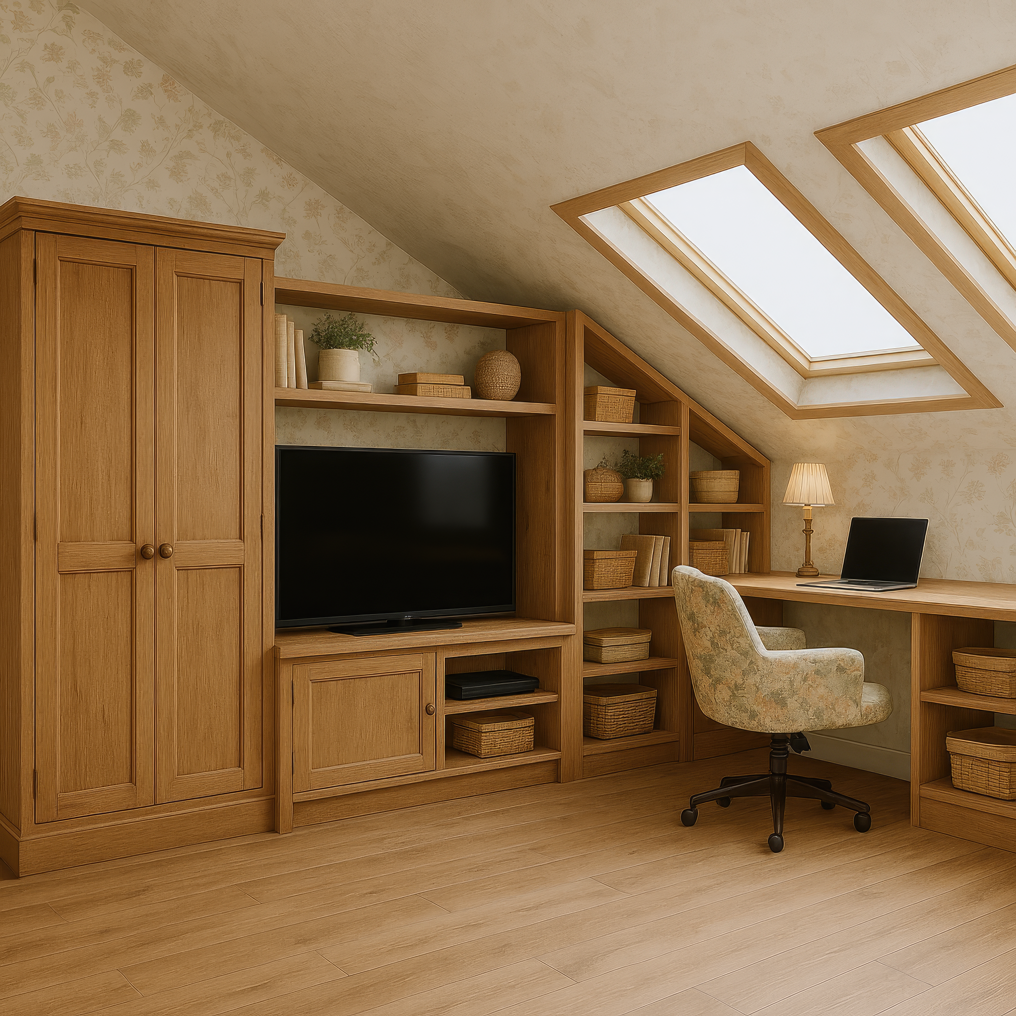 Вид высокого качества  рабочего пространства со стеллажами и ноутбуком