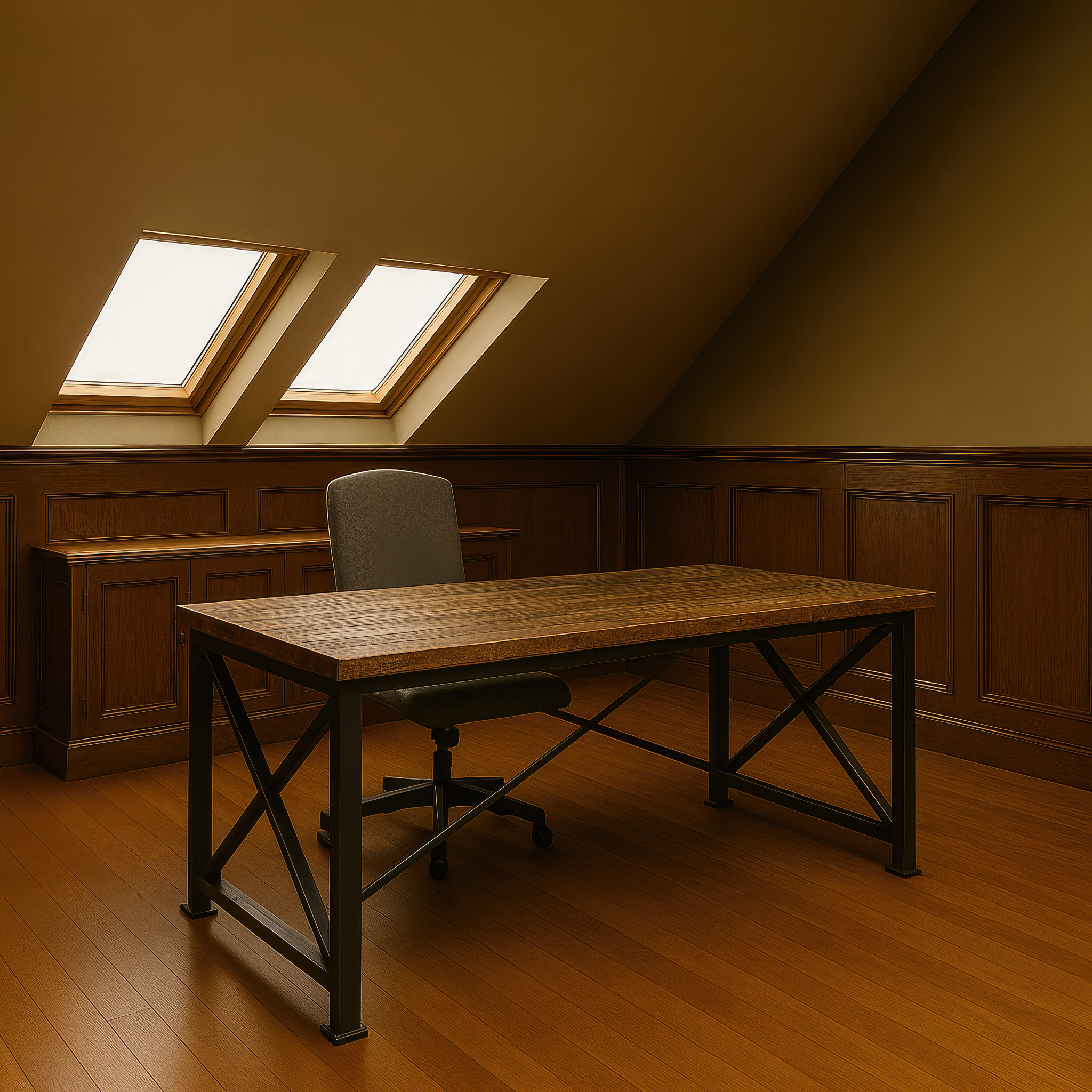 Профессиональный вид кабинета с индустриальным деревянным столом и креслом