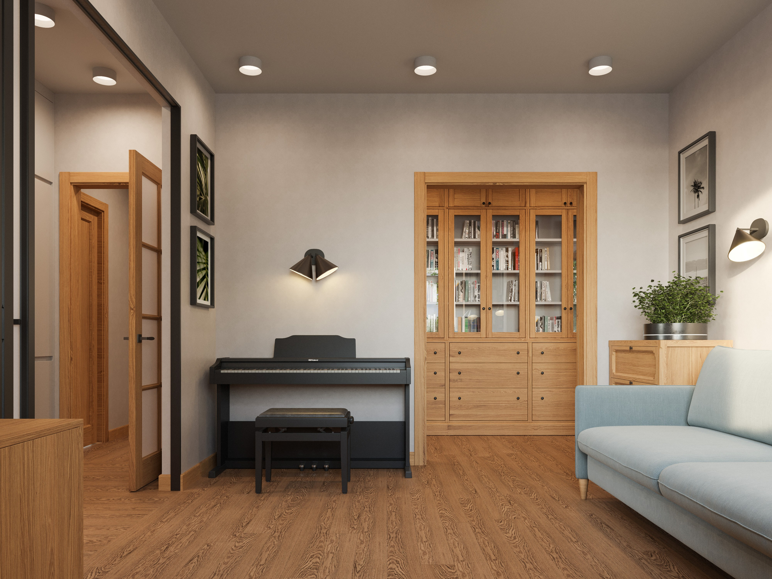 Проект светлой гостиной в маленькой квартире: дерево и пастельные тона визуально расширяют пространство.