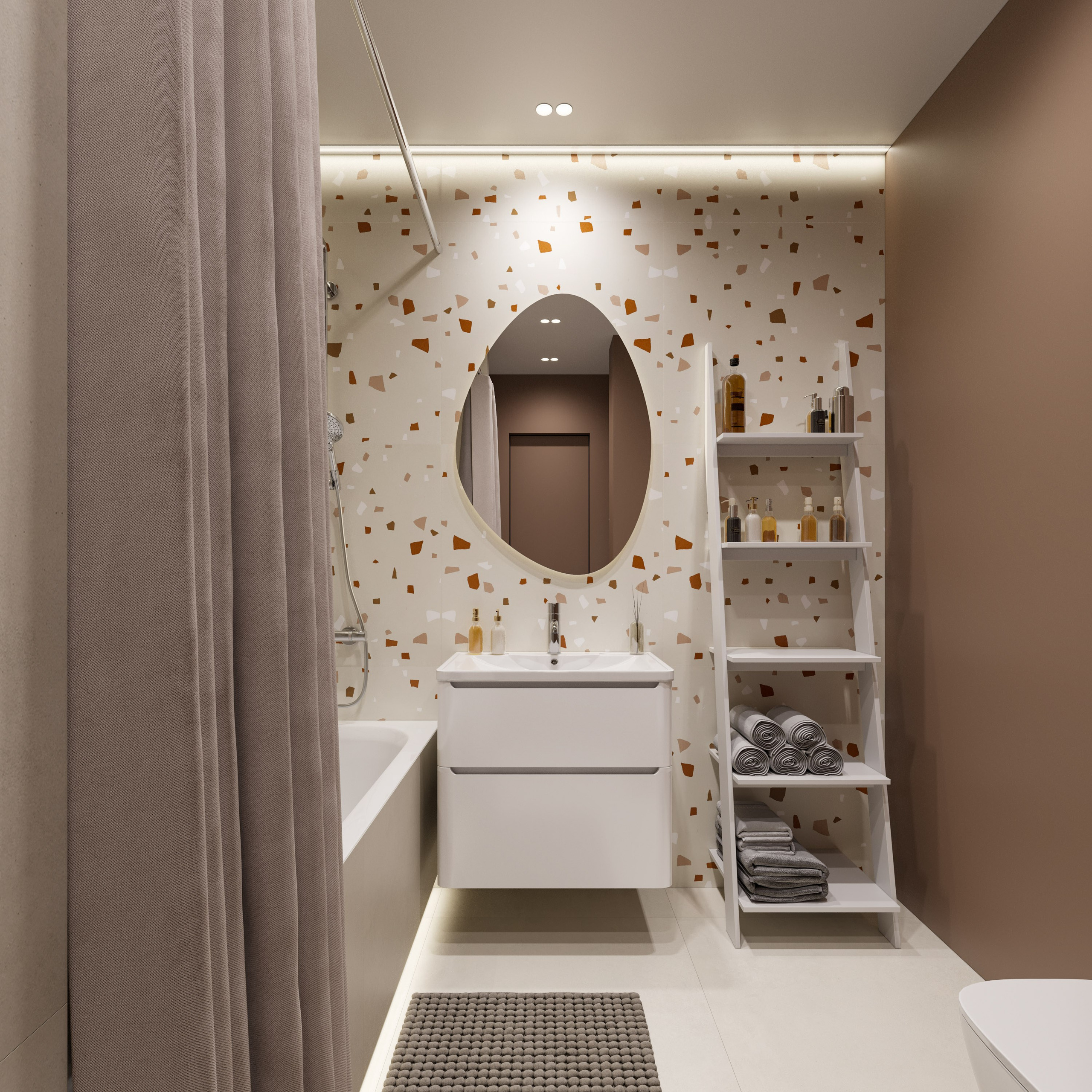 Ванная комната в стиле минимализм с пестрой плиткой и белой мебелью