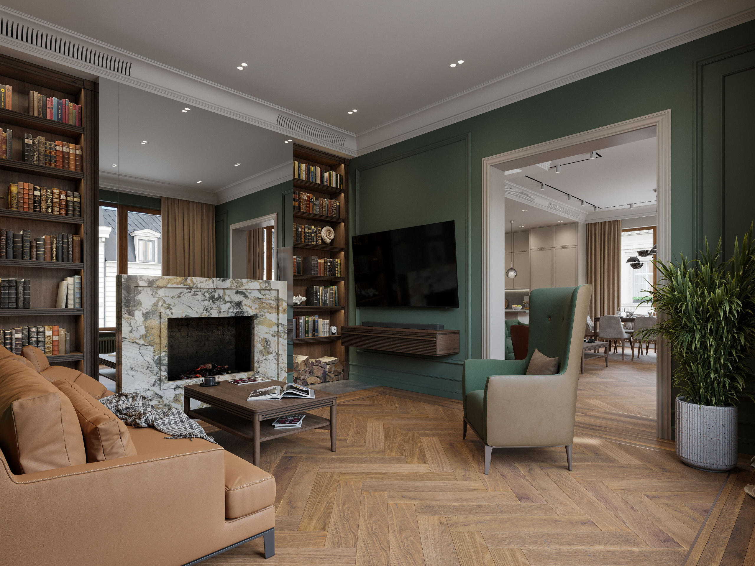 Каминная зона в гостиной с библиотекой до потолка и кожаной мебелью