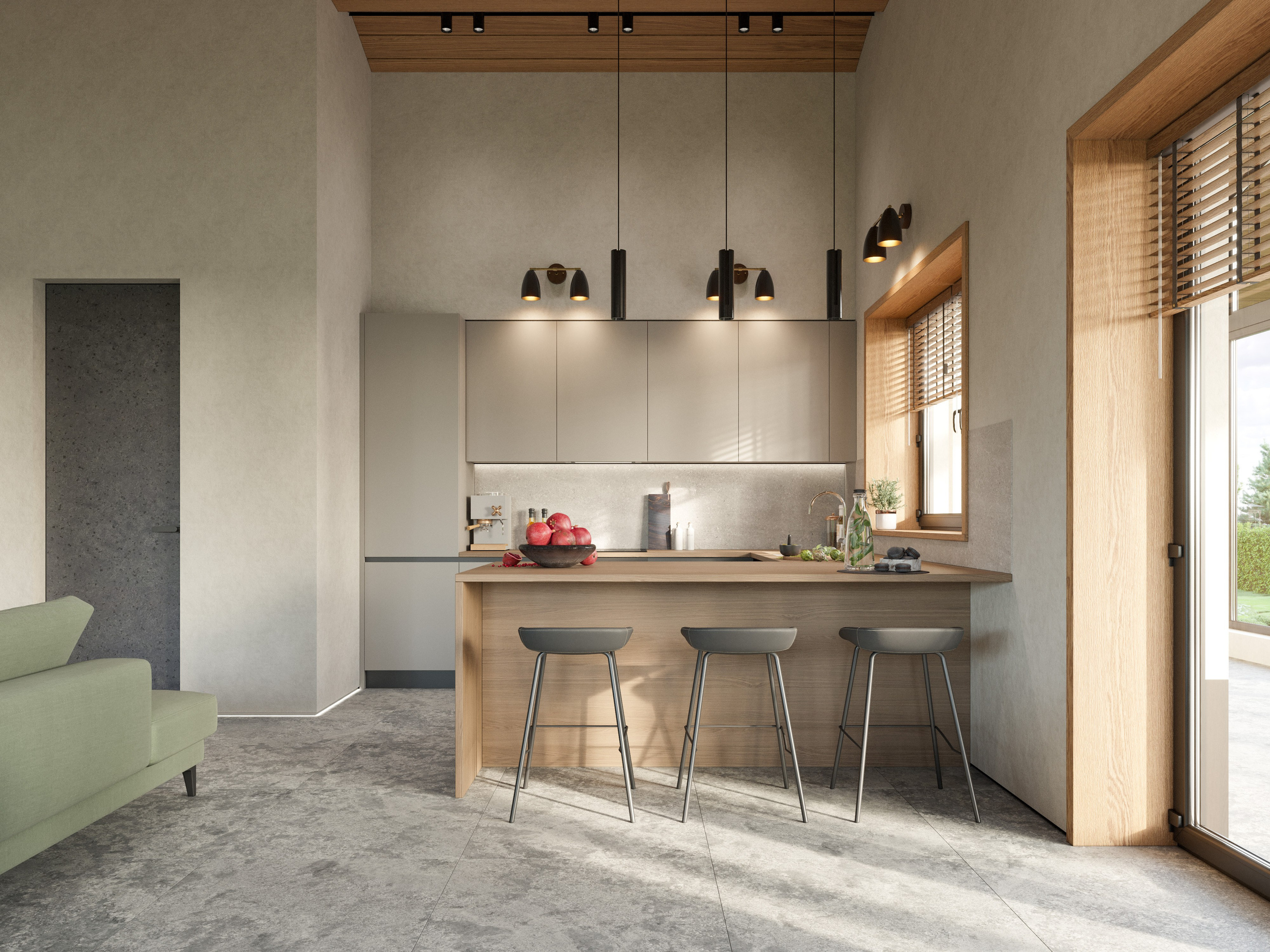 Кухня-гостиная с минималистичными фасадами и панорамным остеклением