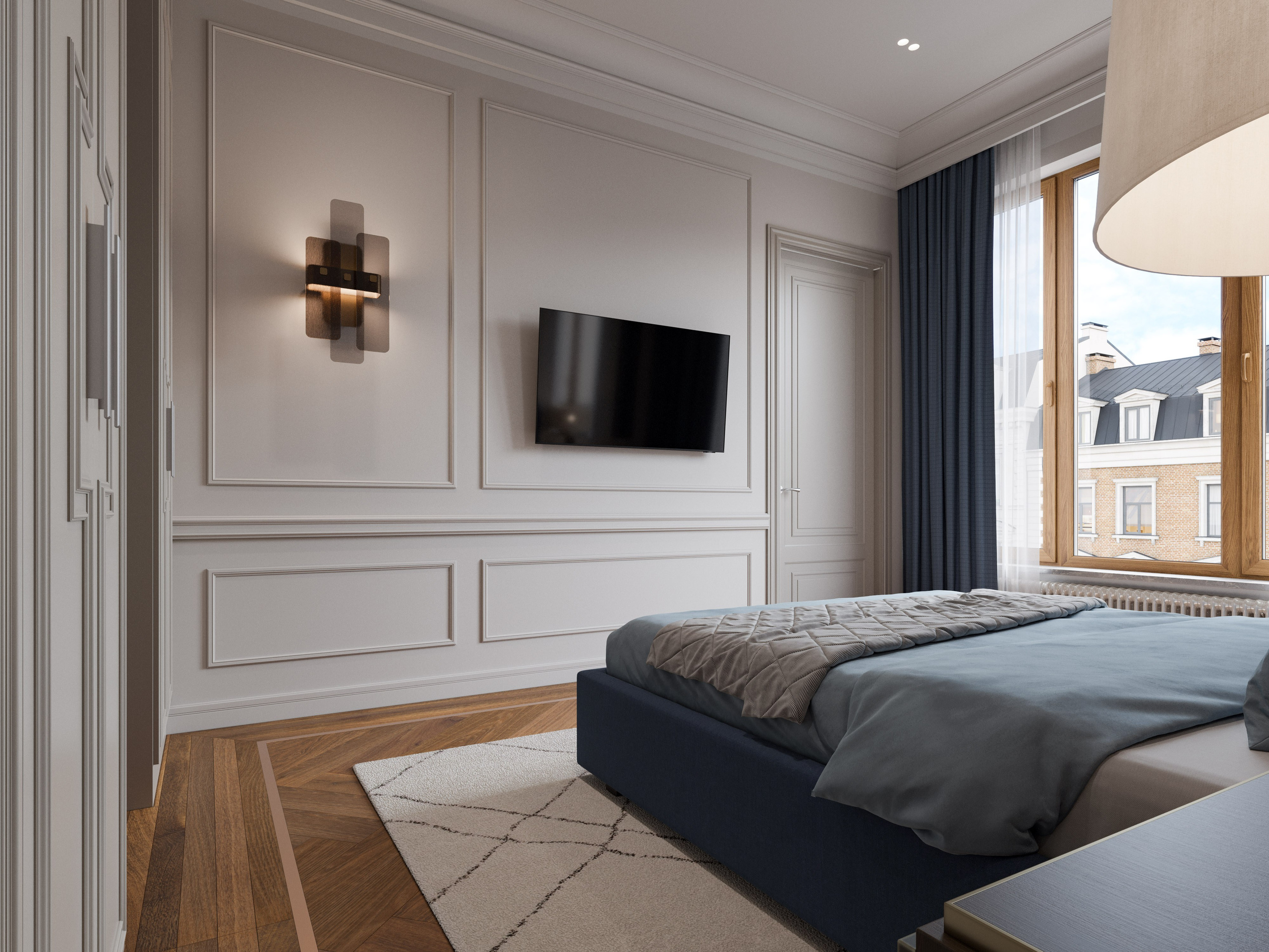 Гостевая спальня в неоклассическом стиле с кроватью с тканевым изголовьем