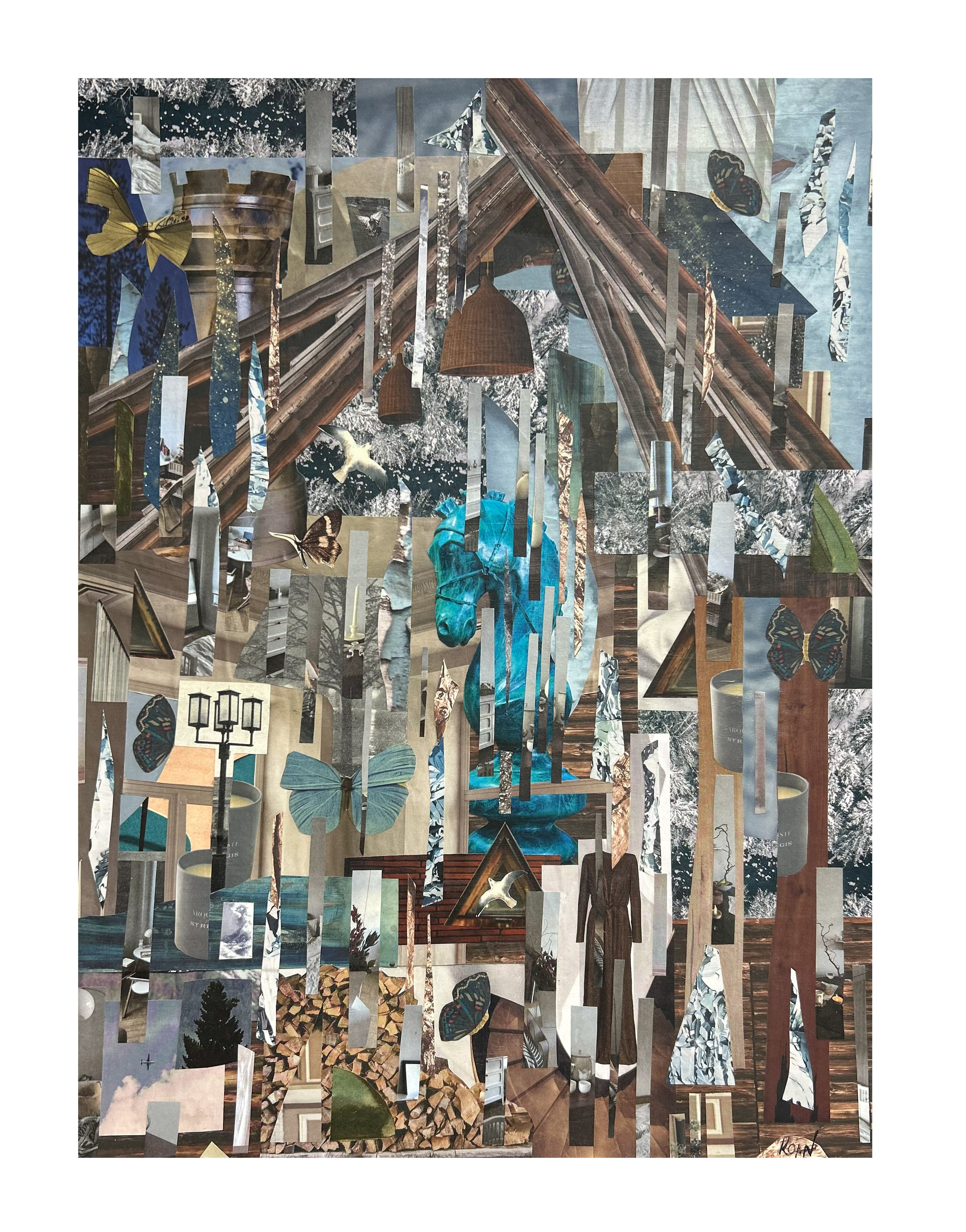 "Шале в горах" Ощущение зимнего заснеженного шале, тепло дерева, белые вершины гор, множество уютных мелочей. Переосмысление, конструирование, постройка новой реальности. Шахматные фигуры как символ стратегии жизни. Теперь будет то, что хочешь ты. 40х50 см