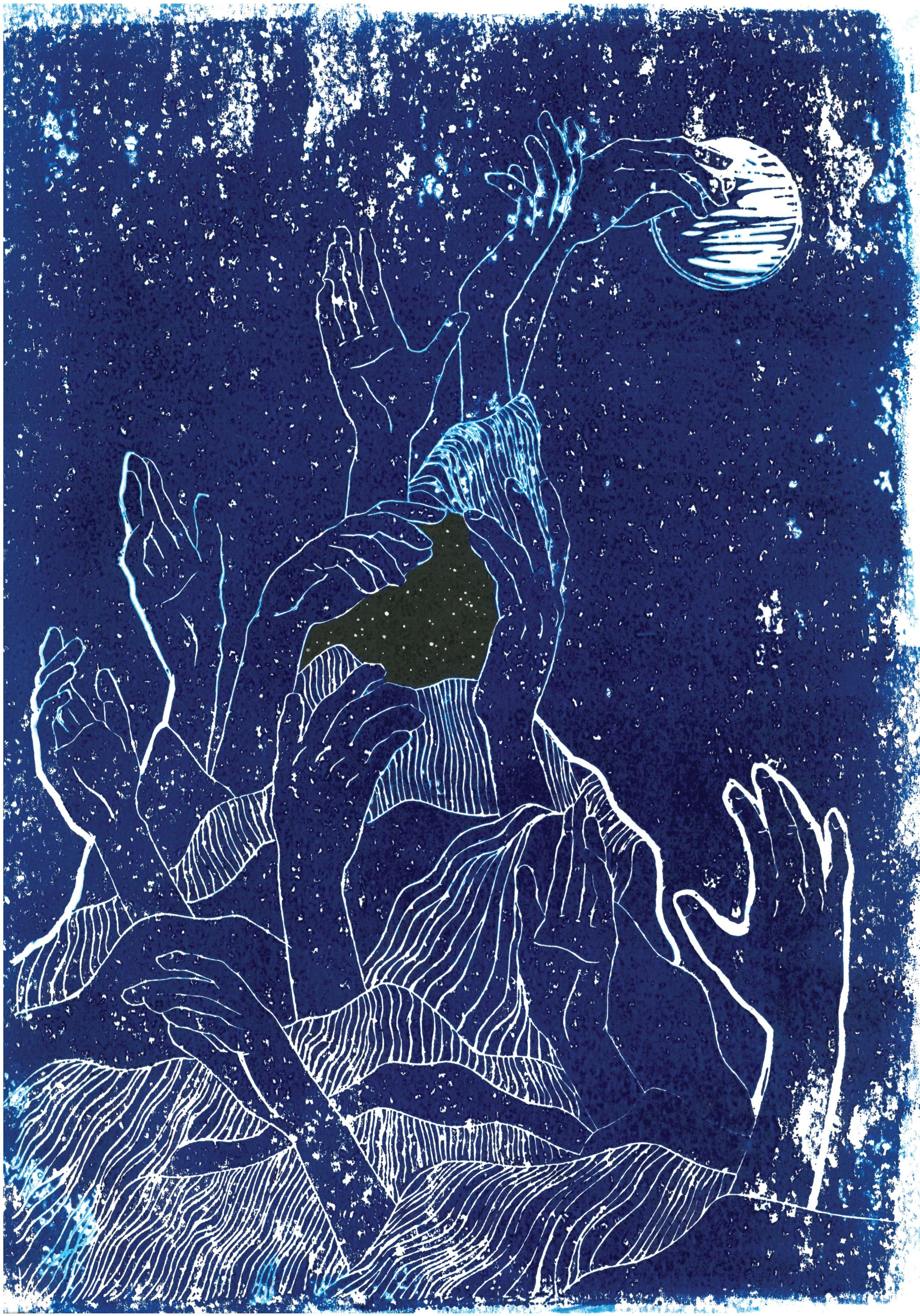 Графический лист, на котором изображены танцующие в ночи руки среди музыкальных волн.