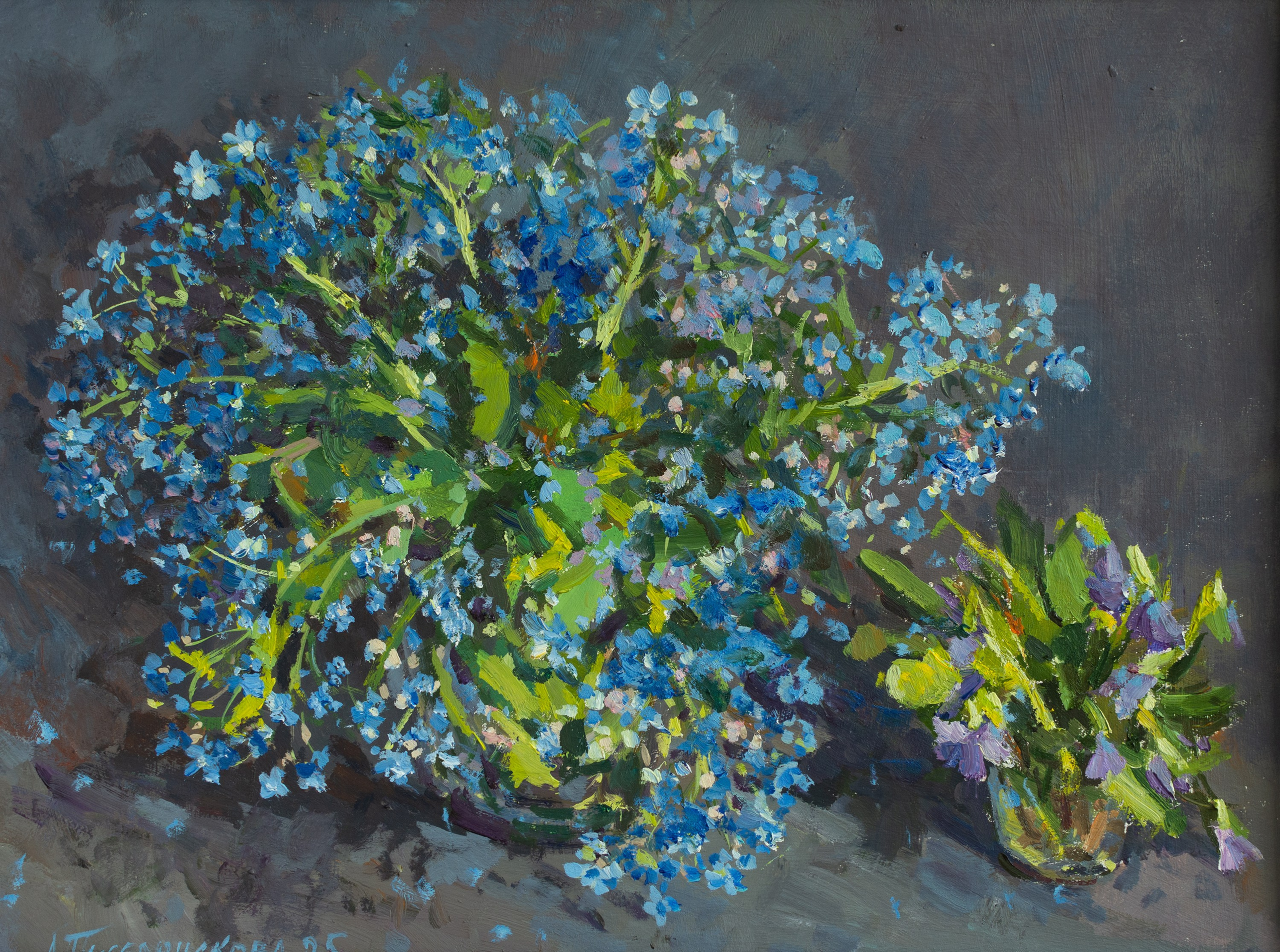 "Букет незабудок и фиалок" картон,масло 30х40см, 2025