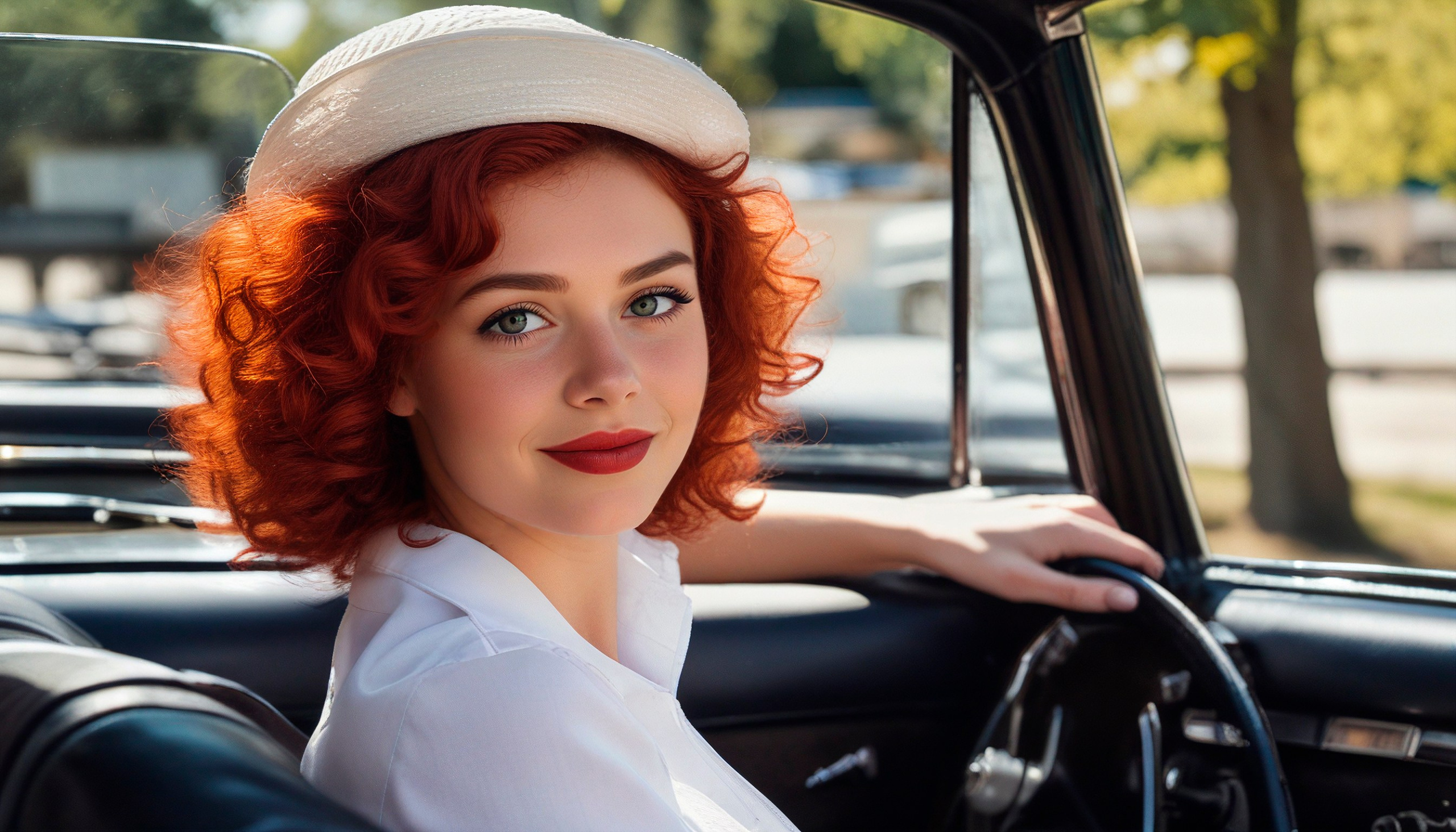 A red-haired girl in a fashionable hat driving an open car...
