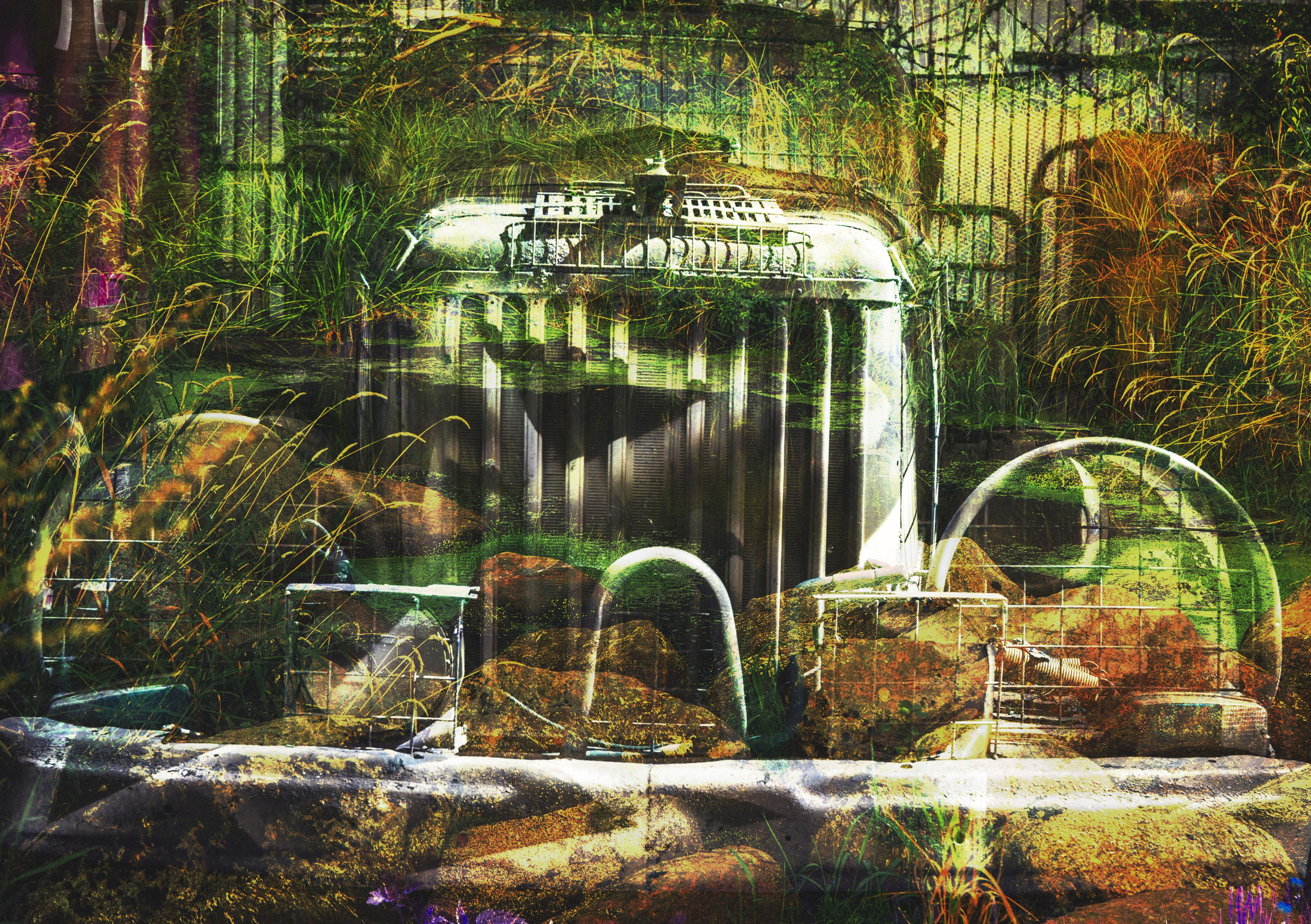 Абстрактная композиция, сочетающая природные элементы и промышленные текстуры, с разросшимися растениями и выветренными конструкциями. Изображение передает взаимодействие природы и рукотворных объектов с яркими цветами и динамичными слоями, которые вызывают ощущение глубины и трансформации. Идеально подходит для художественных принтов, современного домашнего декора и дизайна, вдохновленного природой.