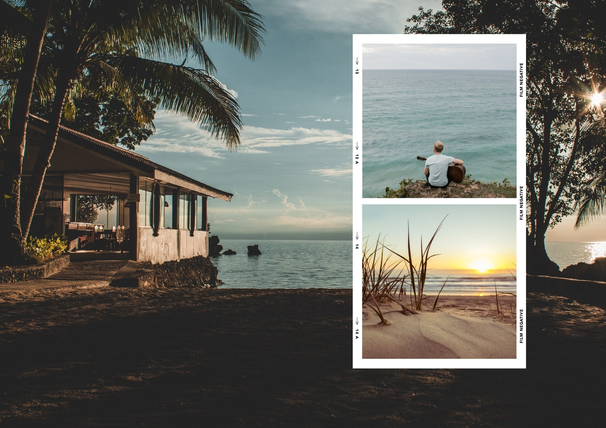 Уютный дом у моря и два полароид-кадра с закатом и прогулкой по пляжу