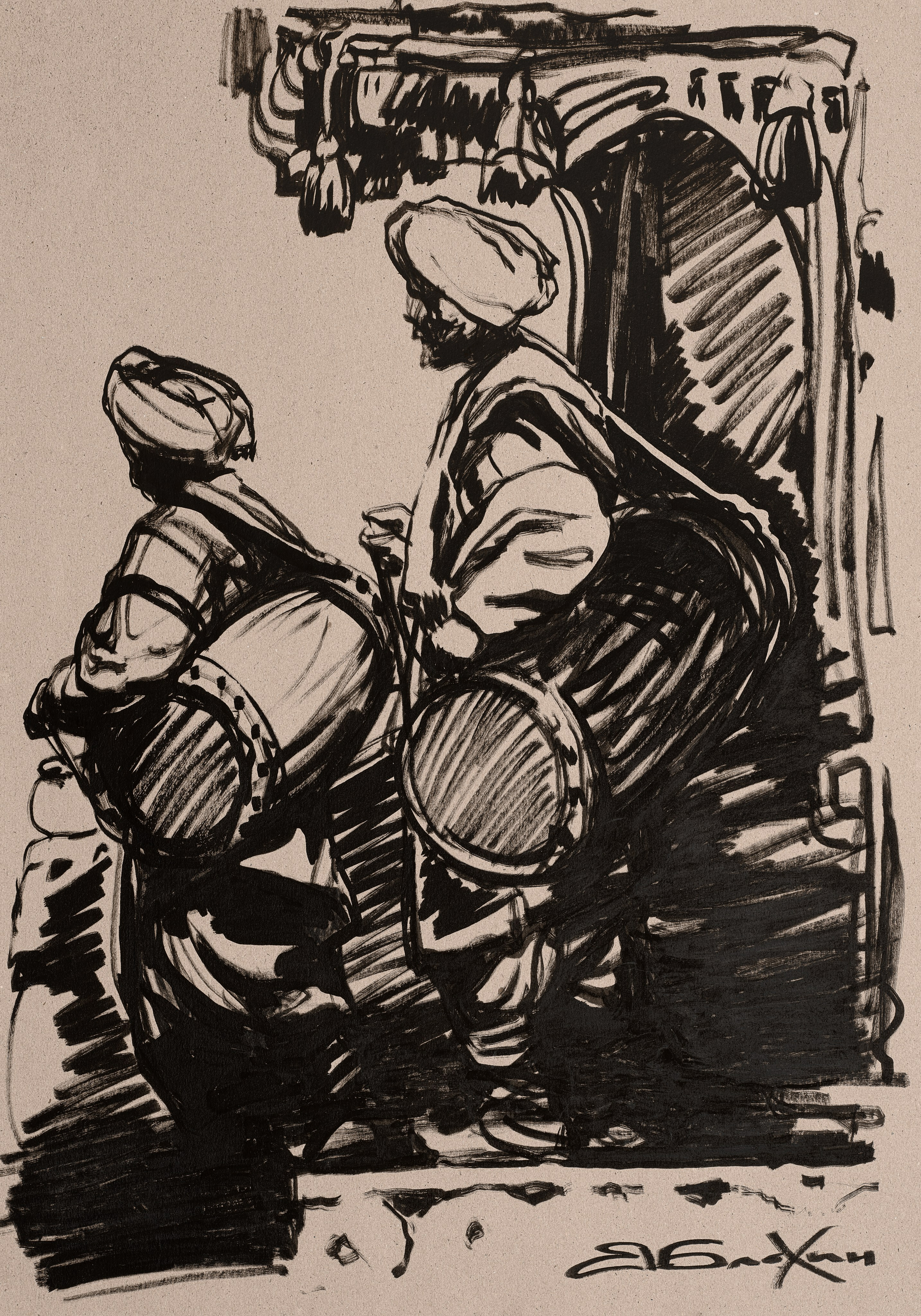 «Индийские барабанщики» - художник Валерий Блохин (бумага, маркер, 60x42см, 2021)