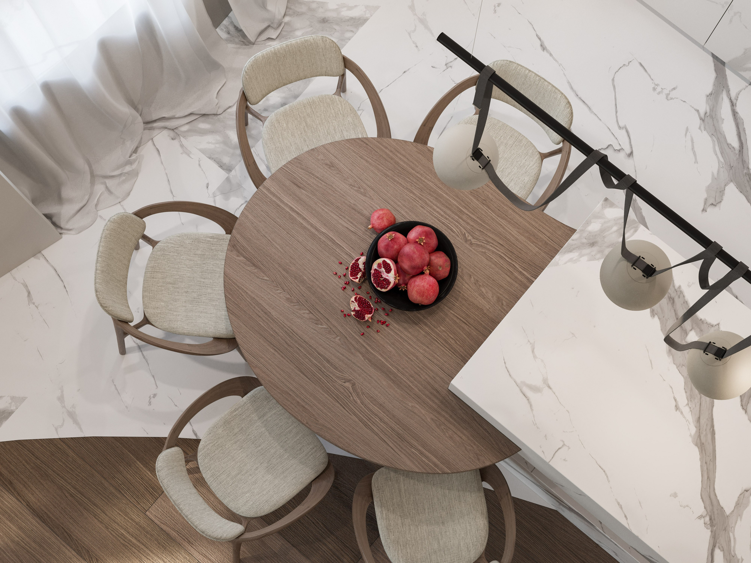 Кухня с волнообразным островом и плавными фасадами шкафов - 3D рендер