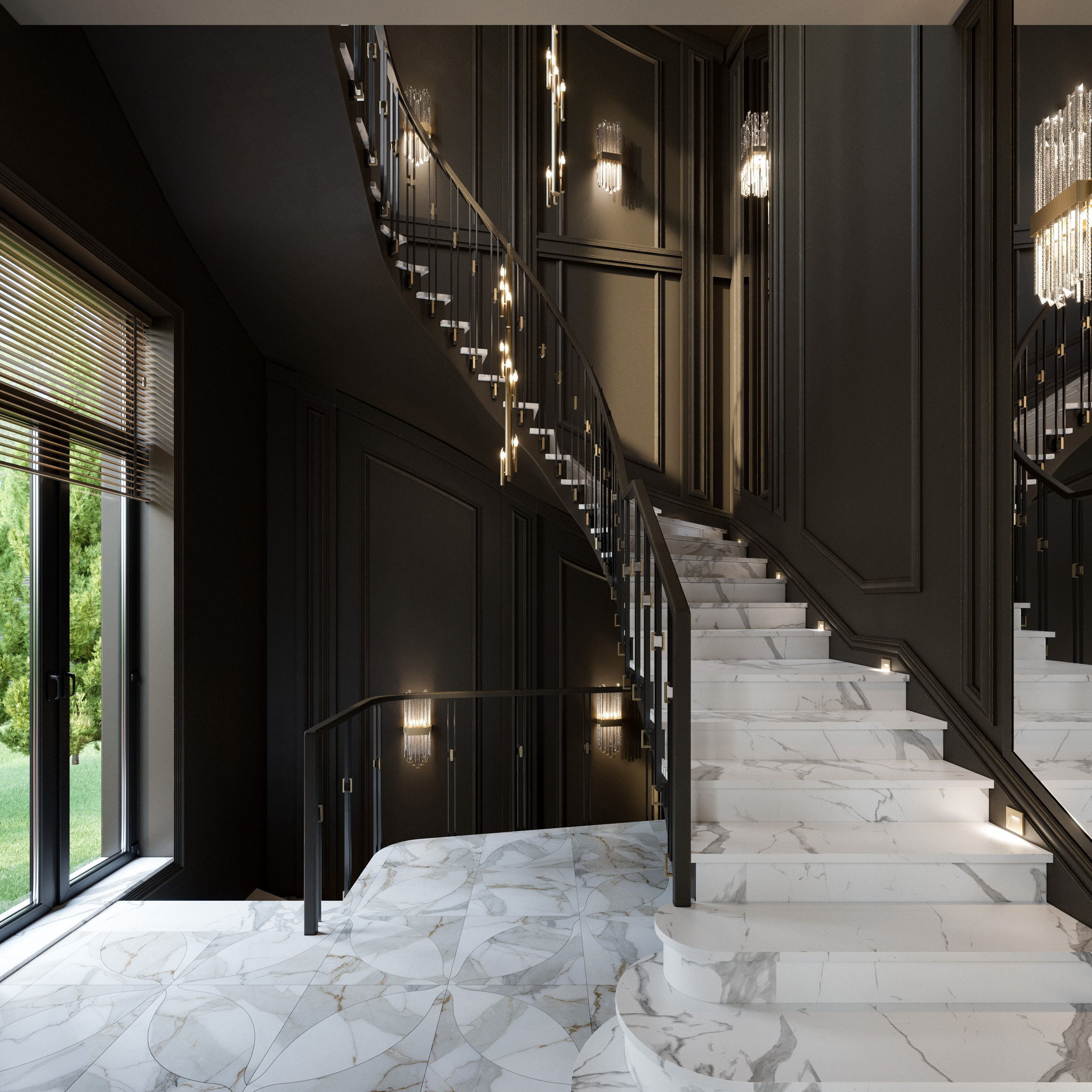 3D визуализация парадной лестницы из мрамора с коваными перилами в классическом особняке