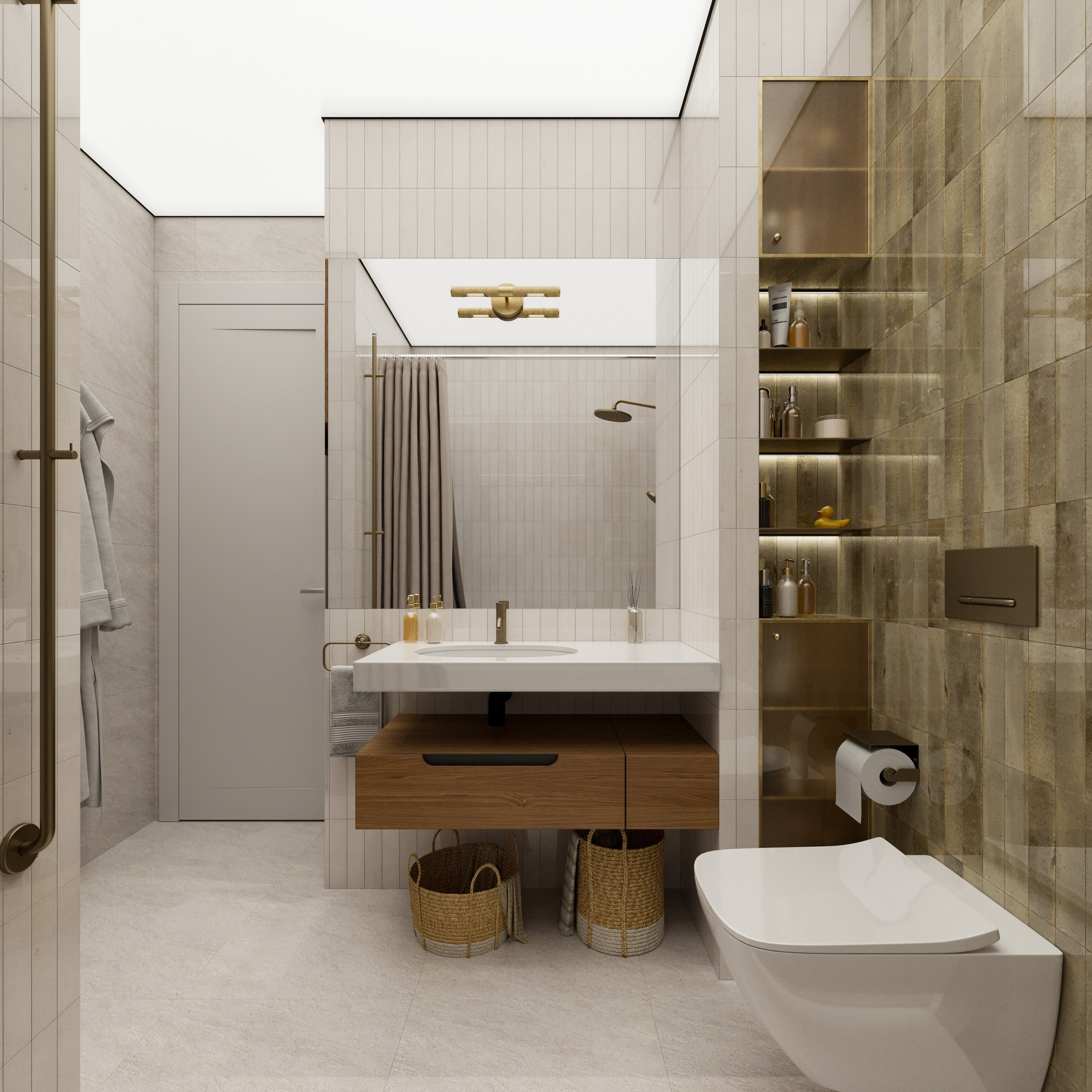 3D визуализация санузла с зеленой плиткой и минималистичной сантехникой