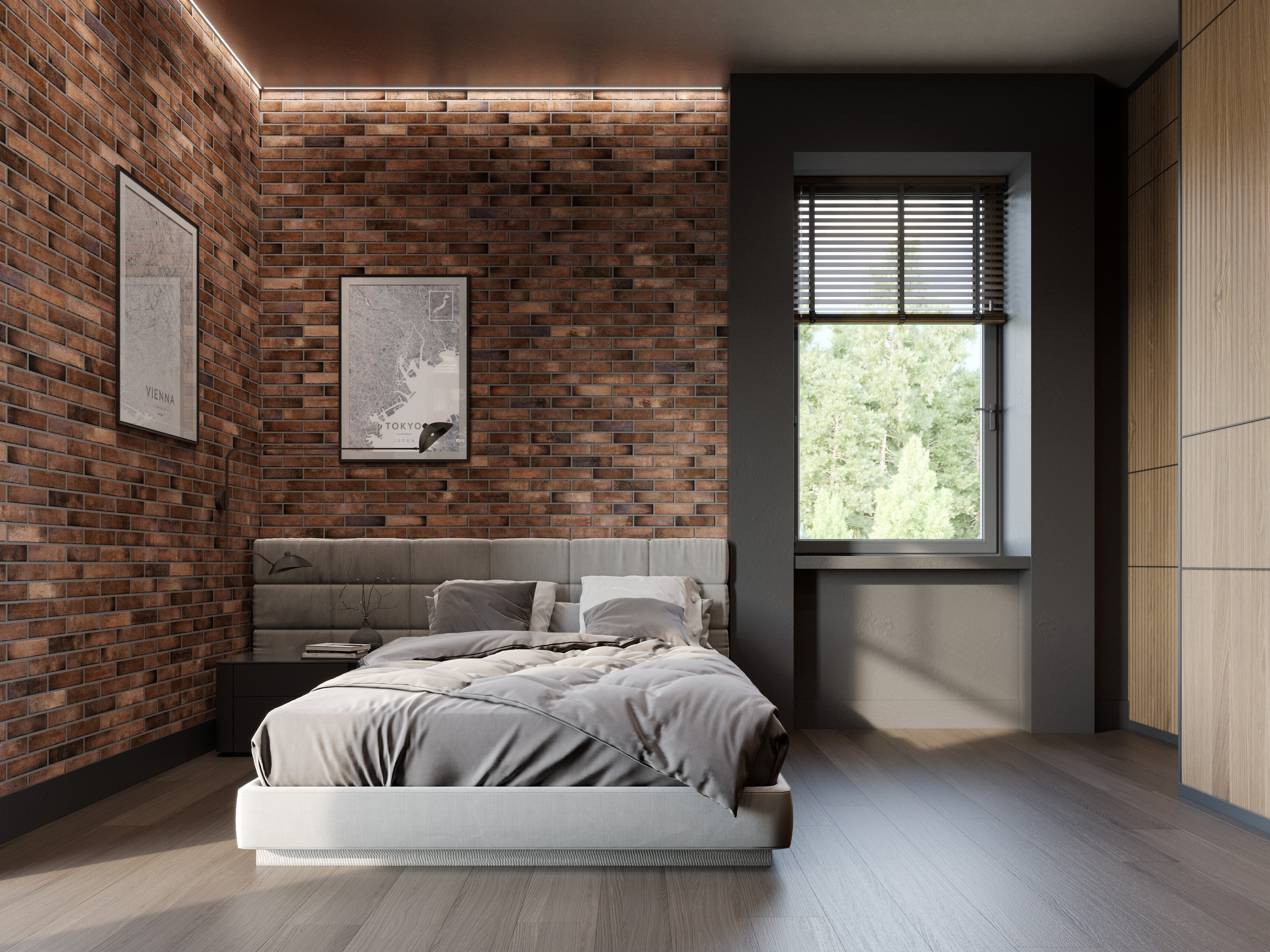 Спальный угол в детской с кирпичной стеной и мягким изголовьем у кровати