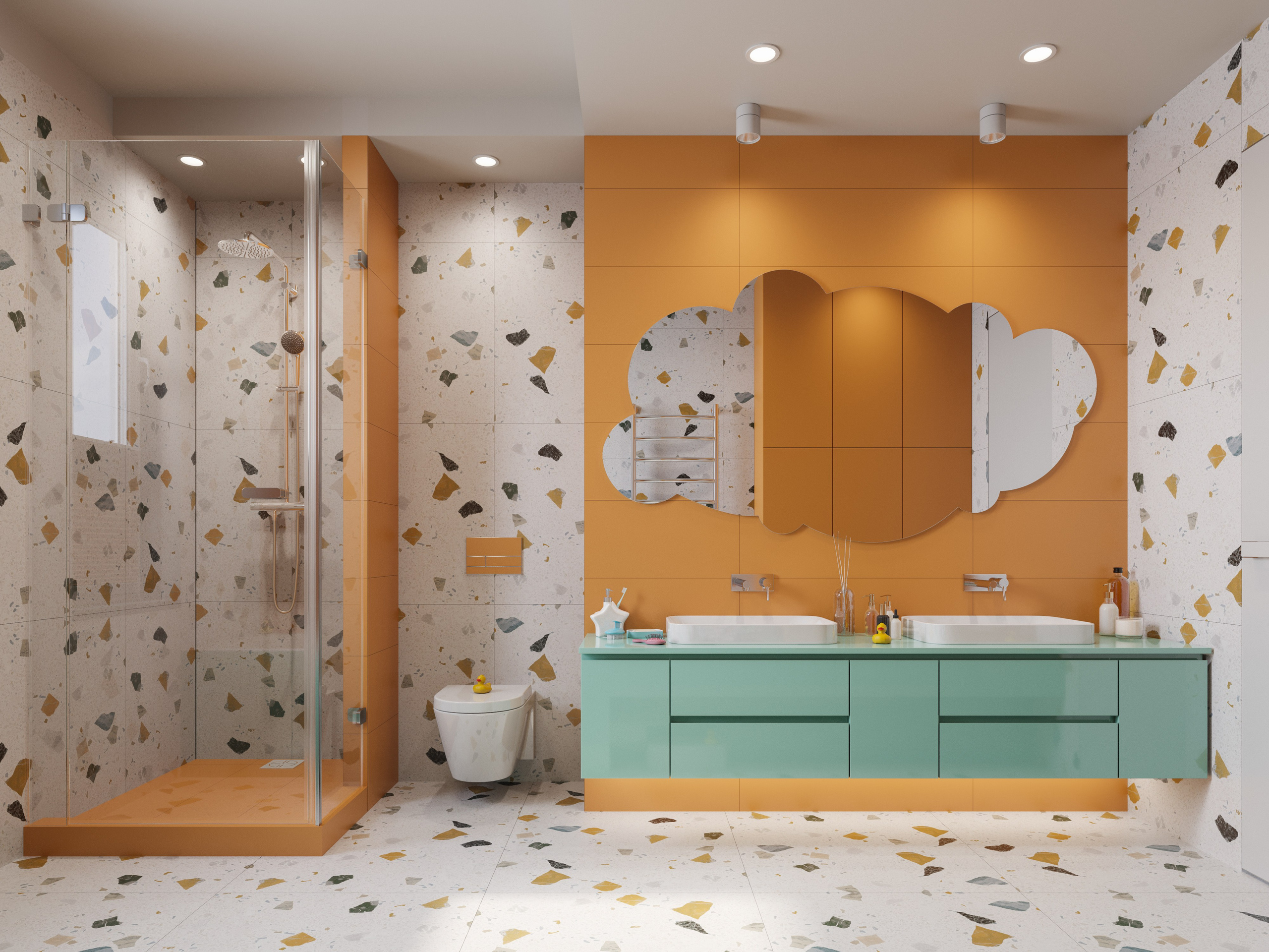 3D визуализация детского санузла с двумя раковинами и противоскользящим покрытием