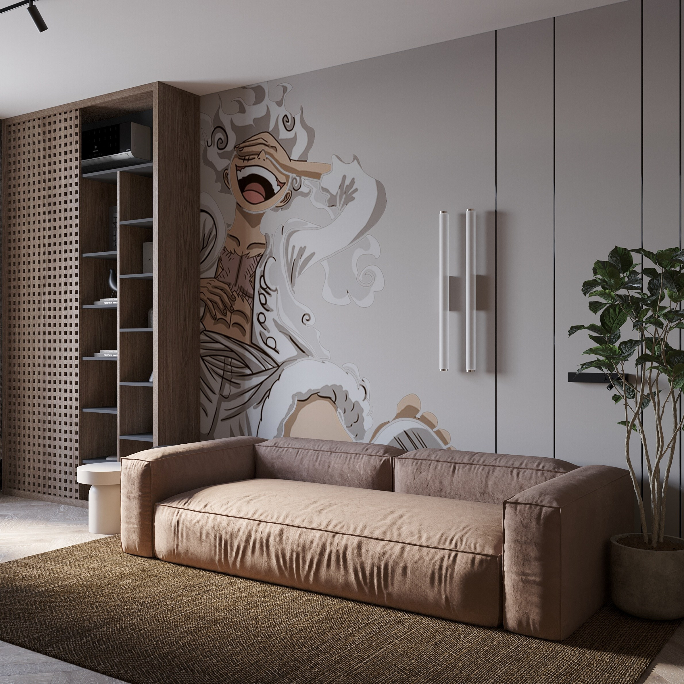 спальня в светлой гамме с мягким кожаным рыжим диваном, на стене ручная роспись 