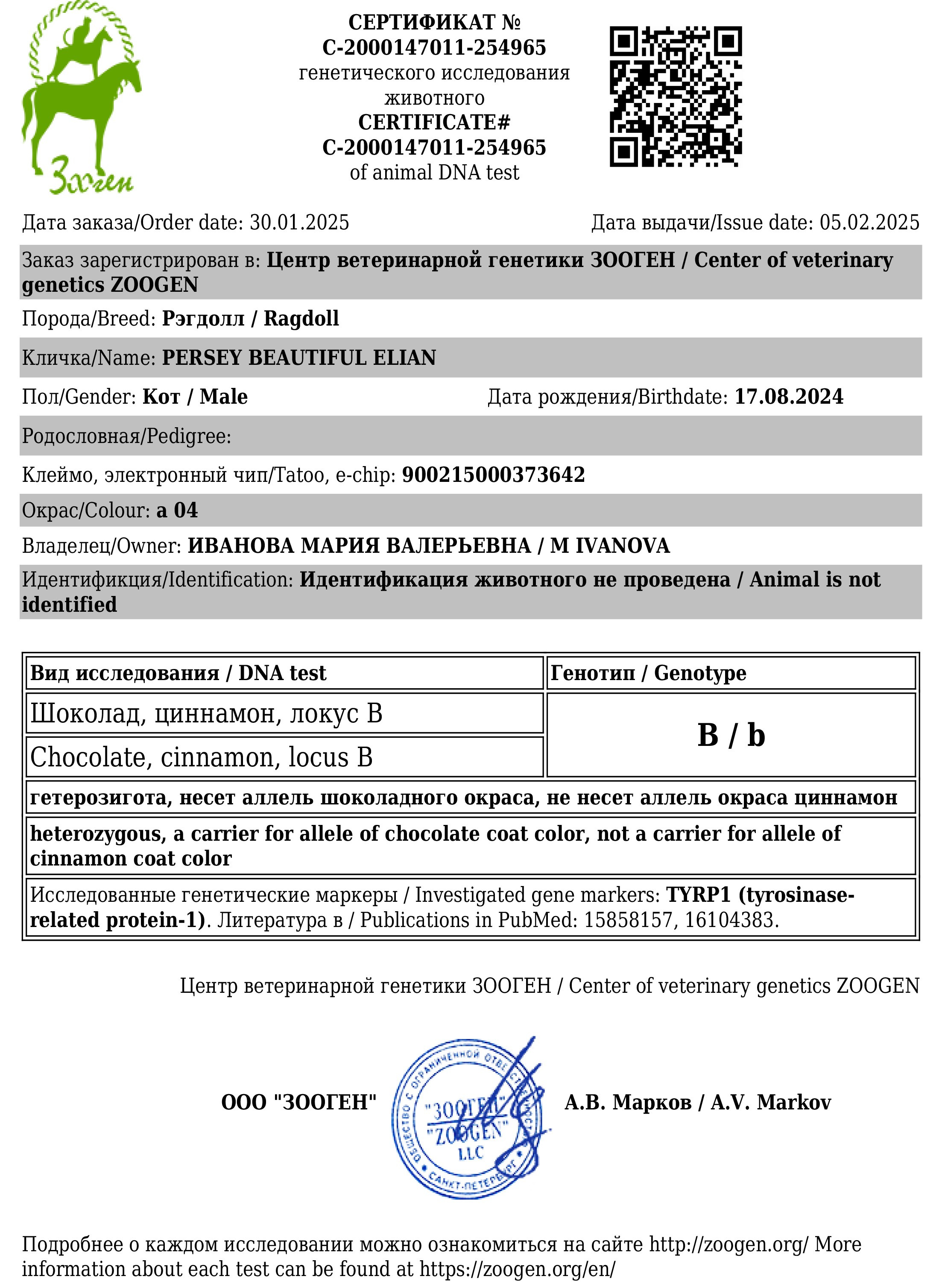 Документы производителей Loyal Adore. Питомник рэгдолл Loyal Adore