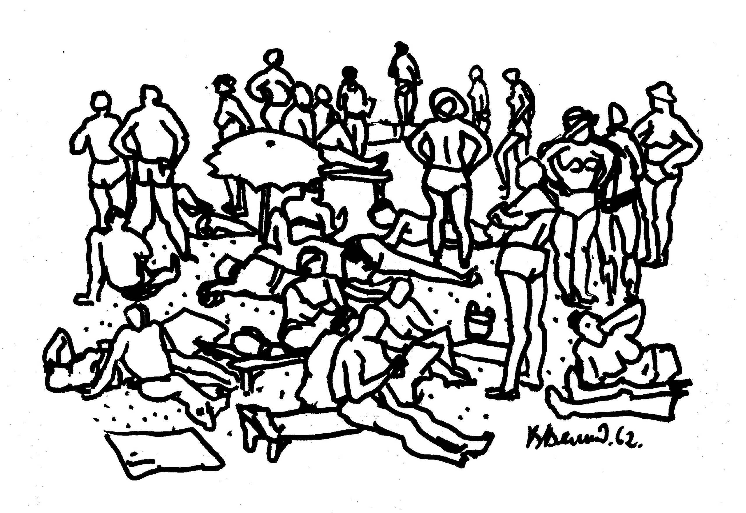 1962.Пляж в Феодосии.Тушь,перо редис