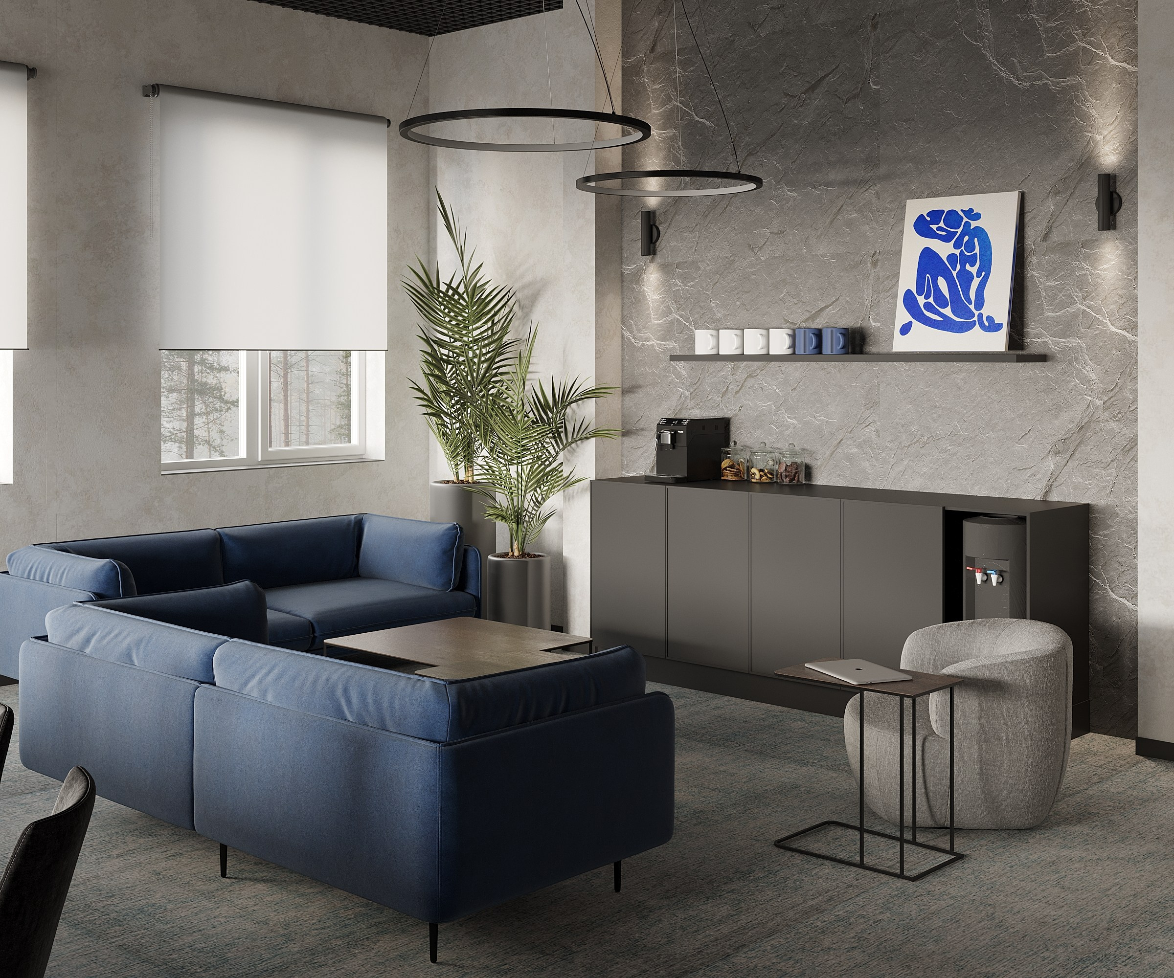 Интерьер современного офиса с переговорной зоной в серых тонах