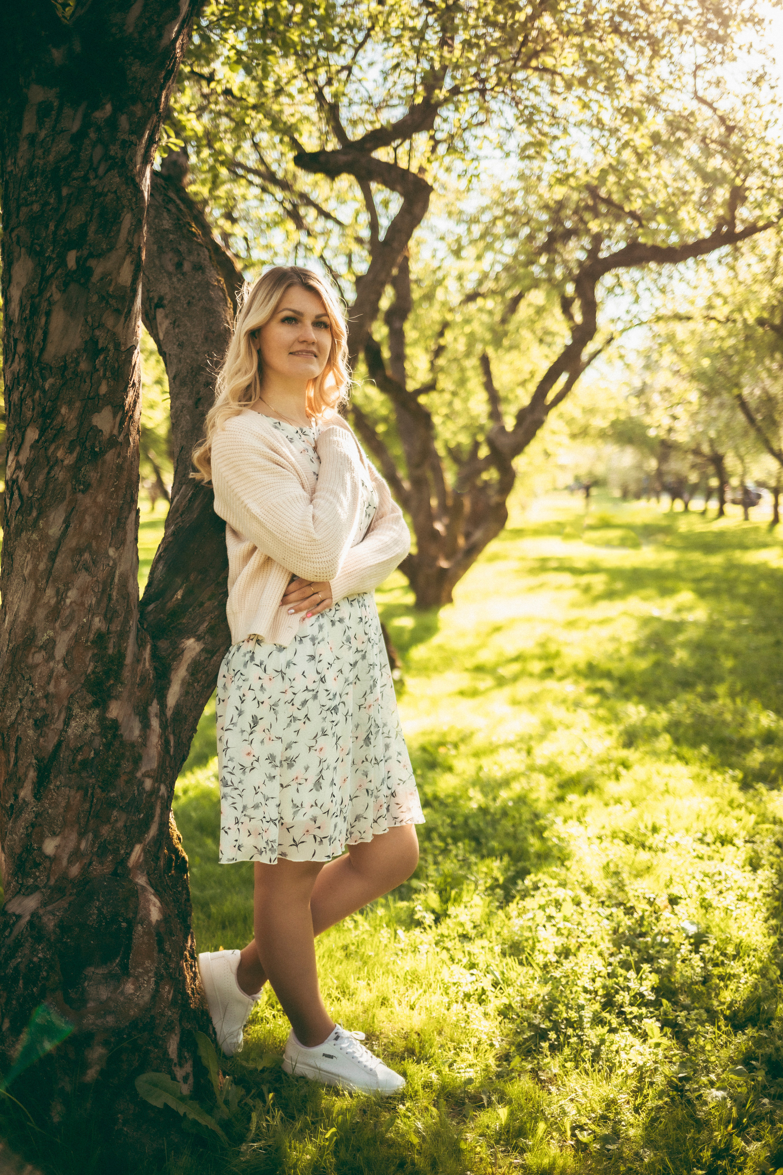 Девушка летняя красивая в яблоневом саду в Коломенском на закате 