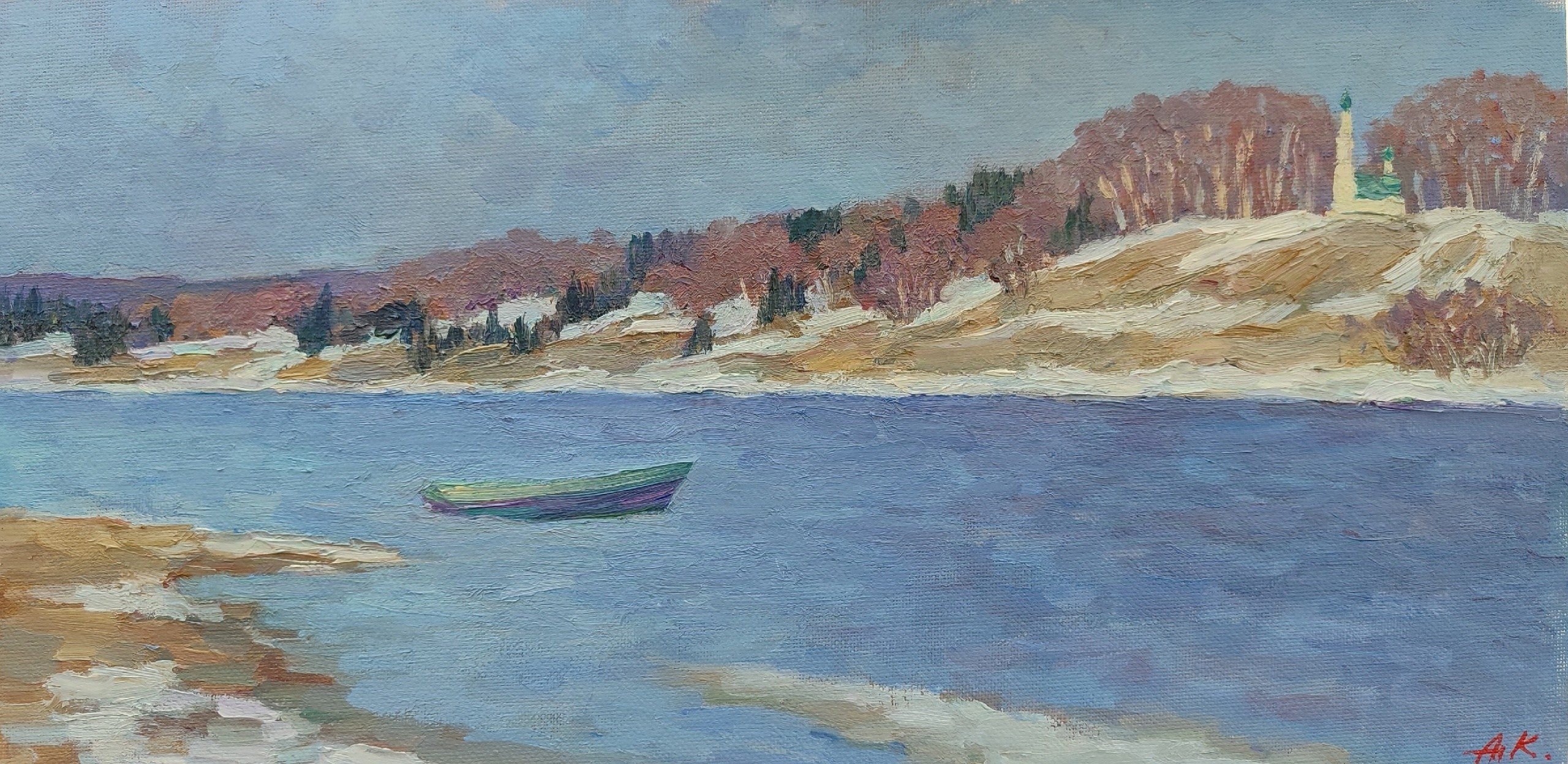 Волжский берег весной с лодкой на воде - Русский пейзаж, живопись, картина