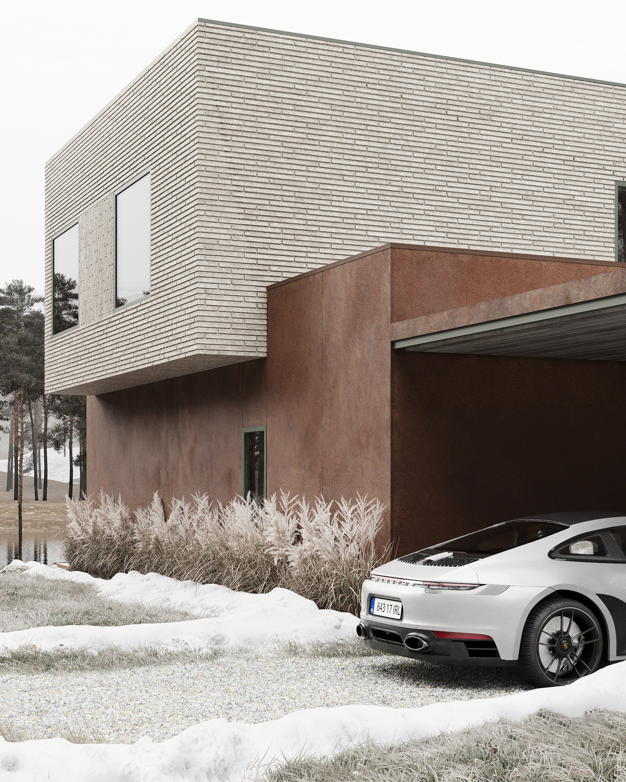 современная архитектура, загородный дом в скандинавском стиле, минимализм, природа, отдых, кортеновская сталь, ригельный кирпич