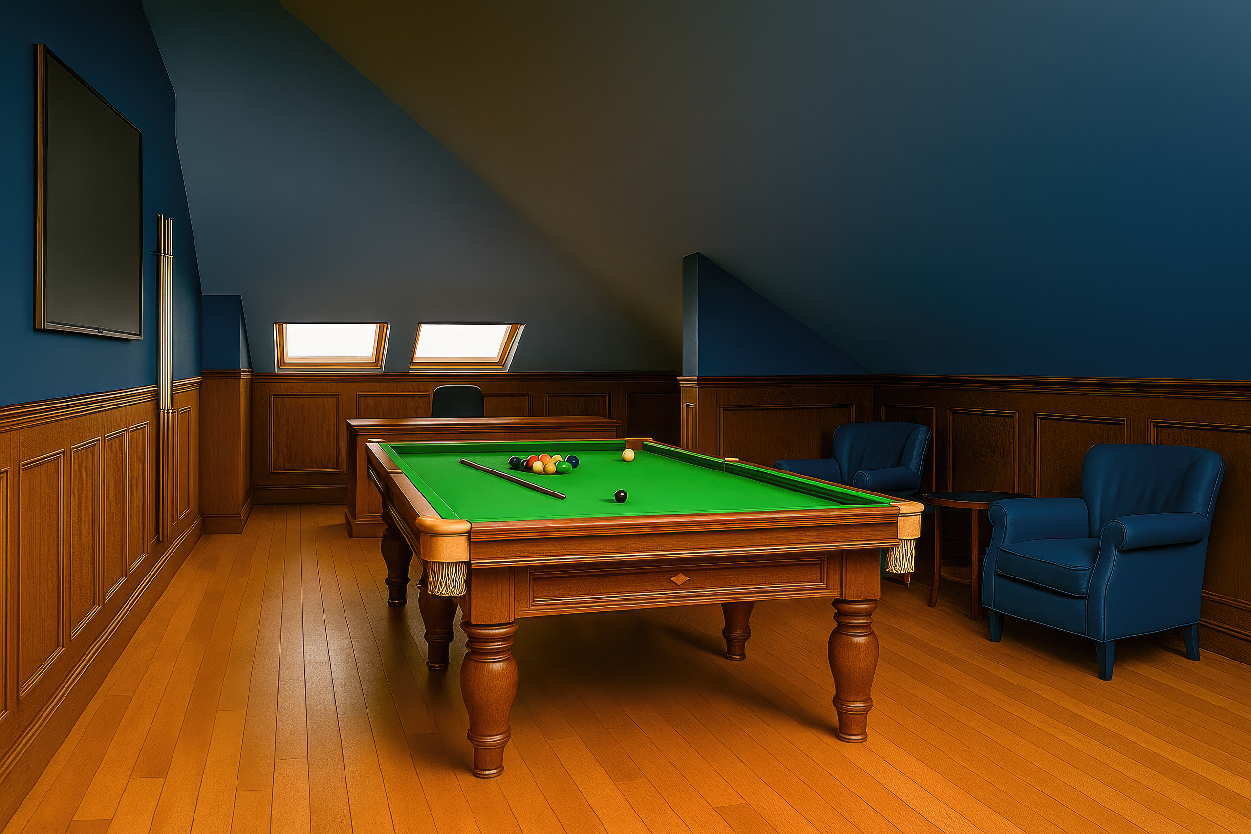 Стильная игровая комната с бильярдным столом и креслами в синих тонах
