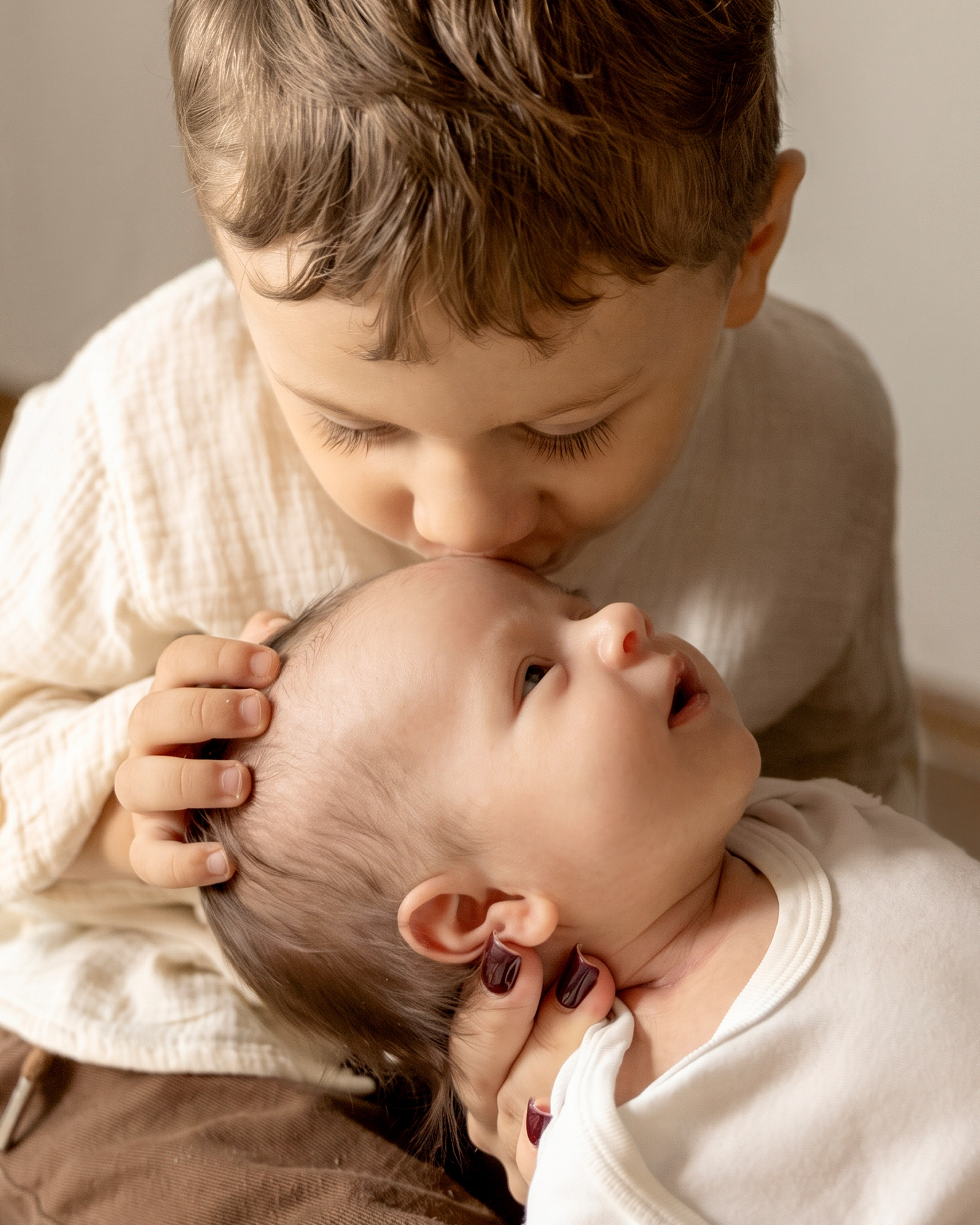Мальчик обнимает новорожденного брата. Фотосессия siblings в Краснодаре. Семейный фотограф.