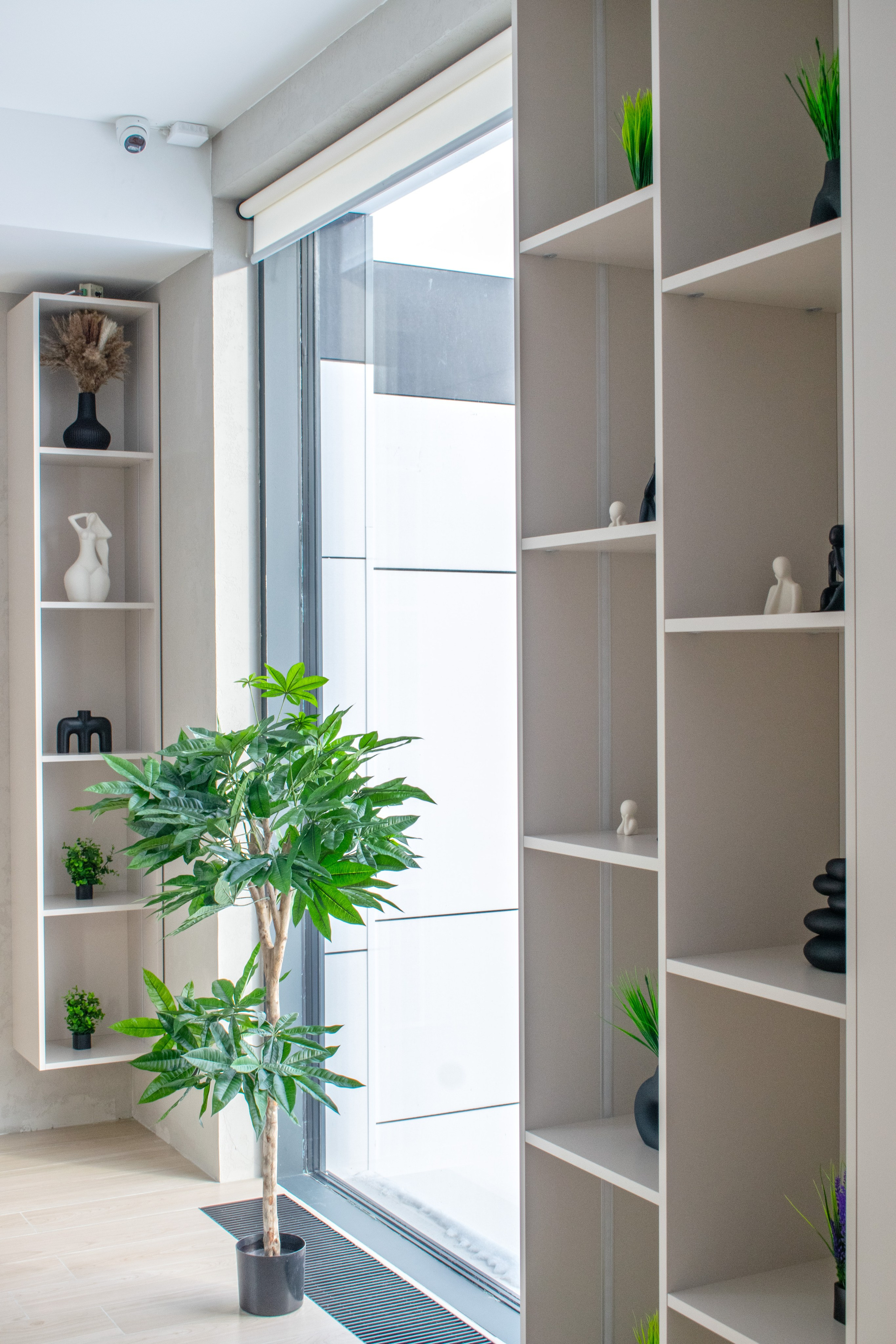 Интерьер  дома для сдачи в аренду в Карелии в Сортавала Фотосъемка коридора, декорированного пальмой и статуэтками.