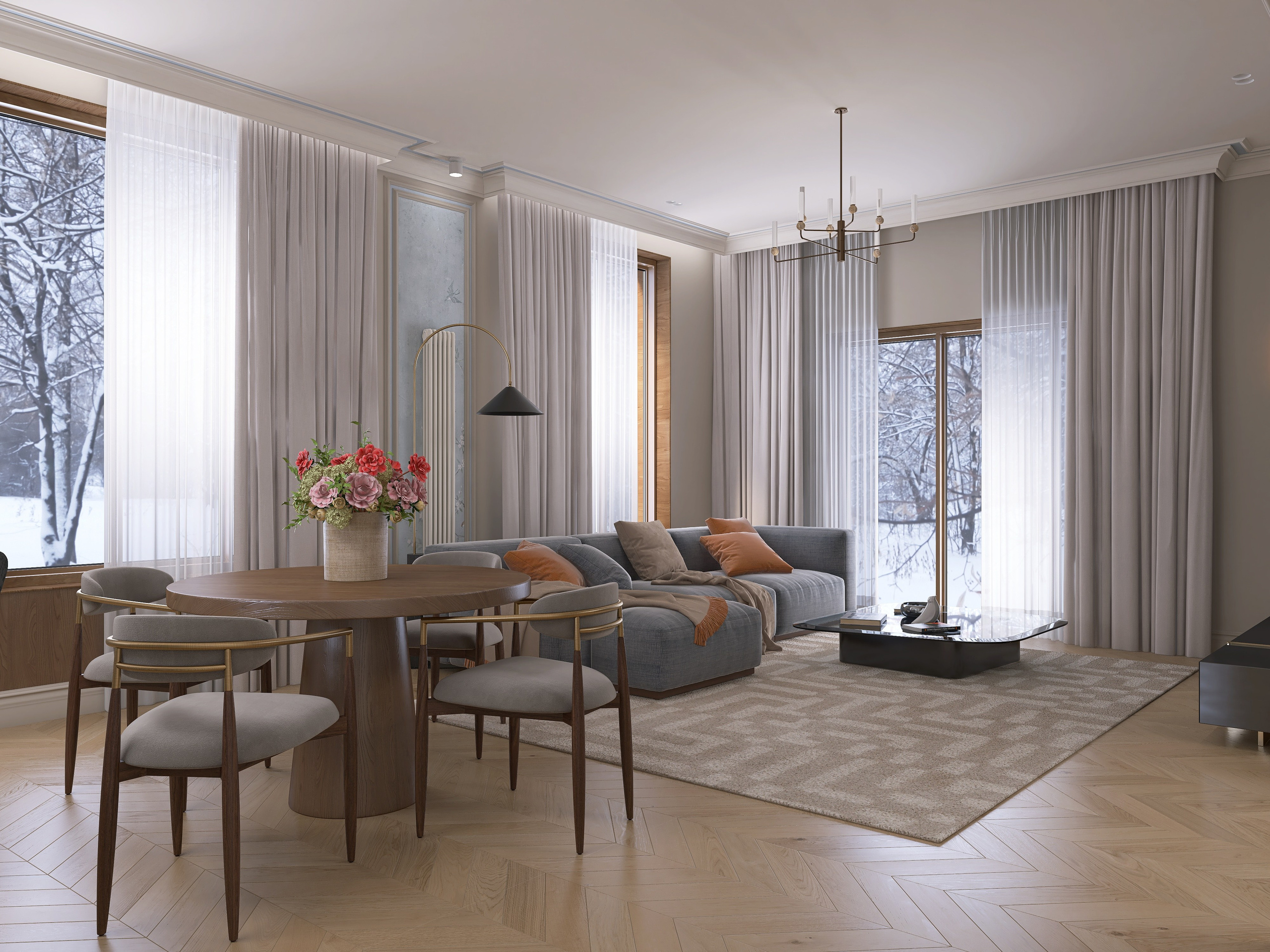 Гостиная в частном доме, диван, декоративная живопись, паркет елка, интерьер в стиле неоклассика