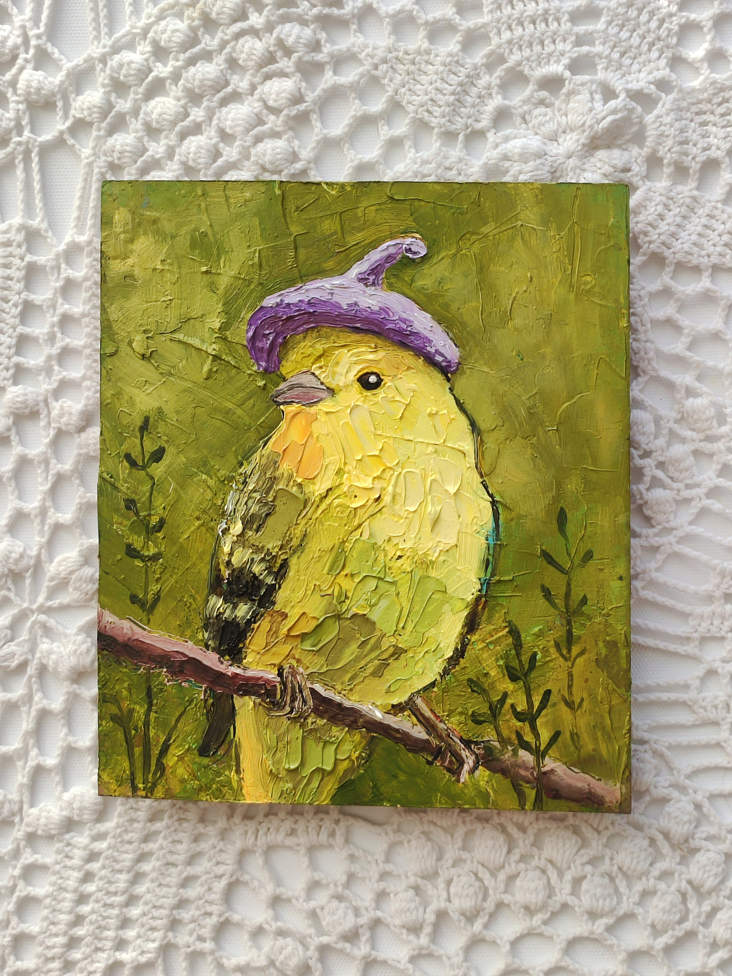 «Пташка-милашка». Масло, картон, 15×18 см. Галерея авторских картин художницы Бельмесовой Евгении