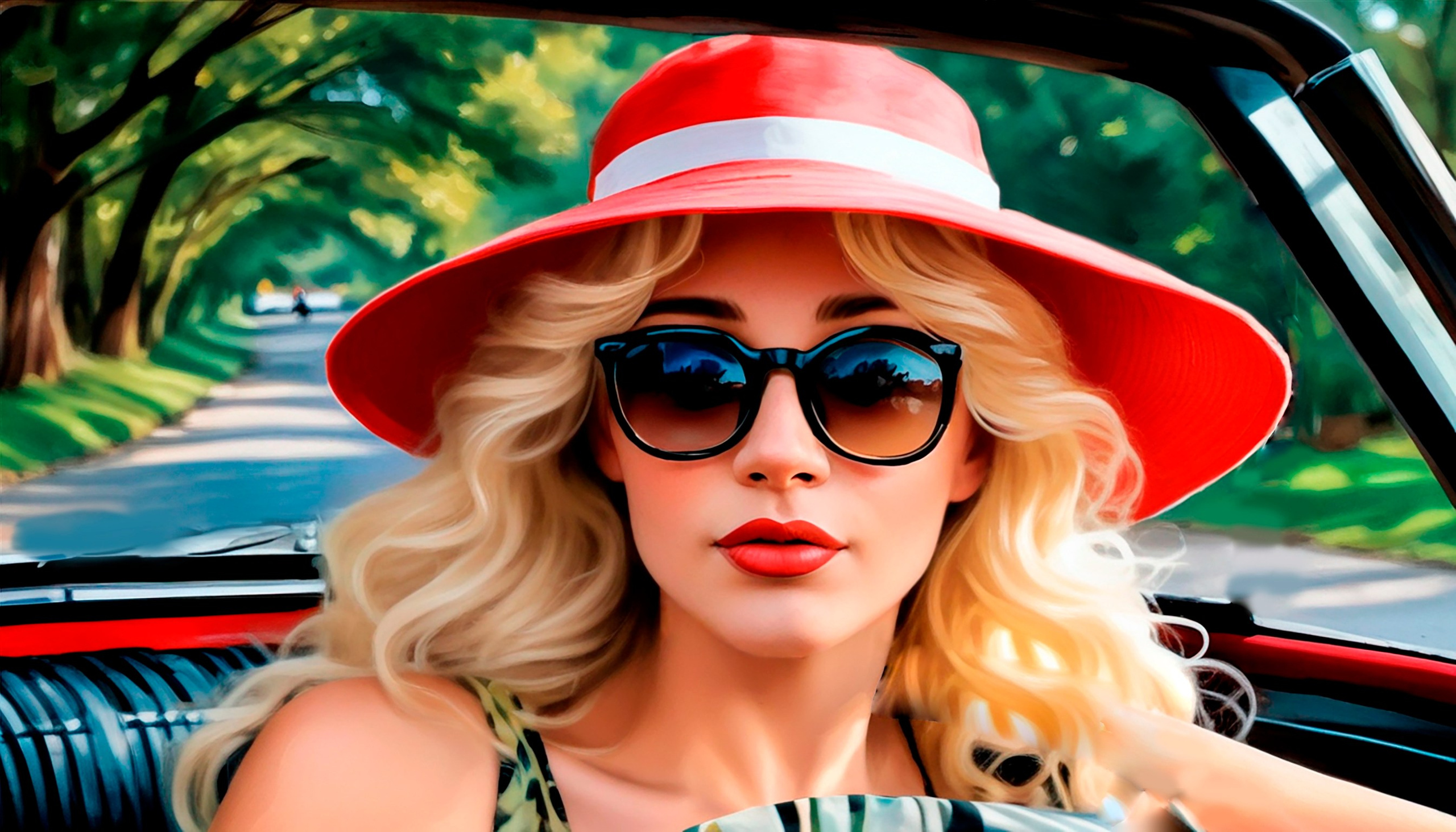 A blonde girl in black sunglasses and a red hat,driving an open car,  watercolor drawing..