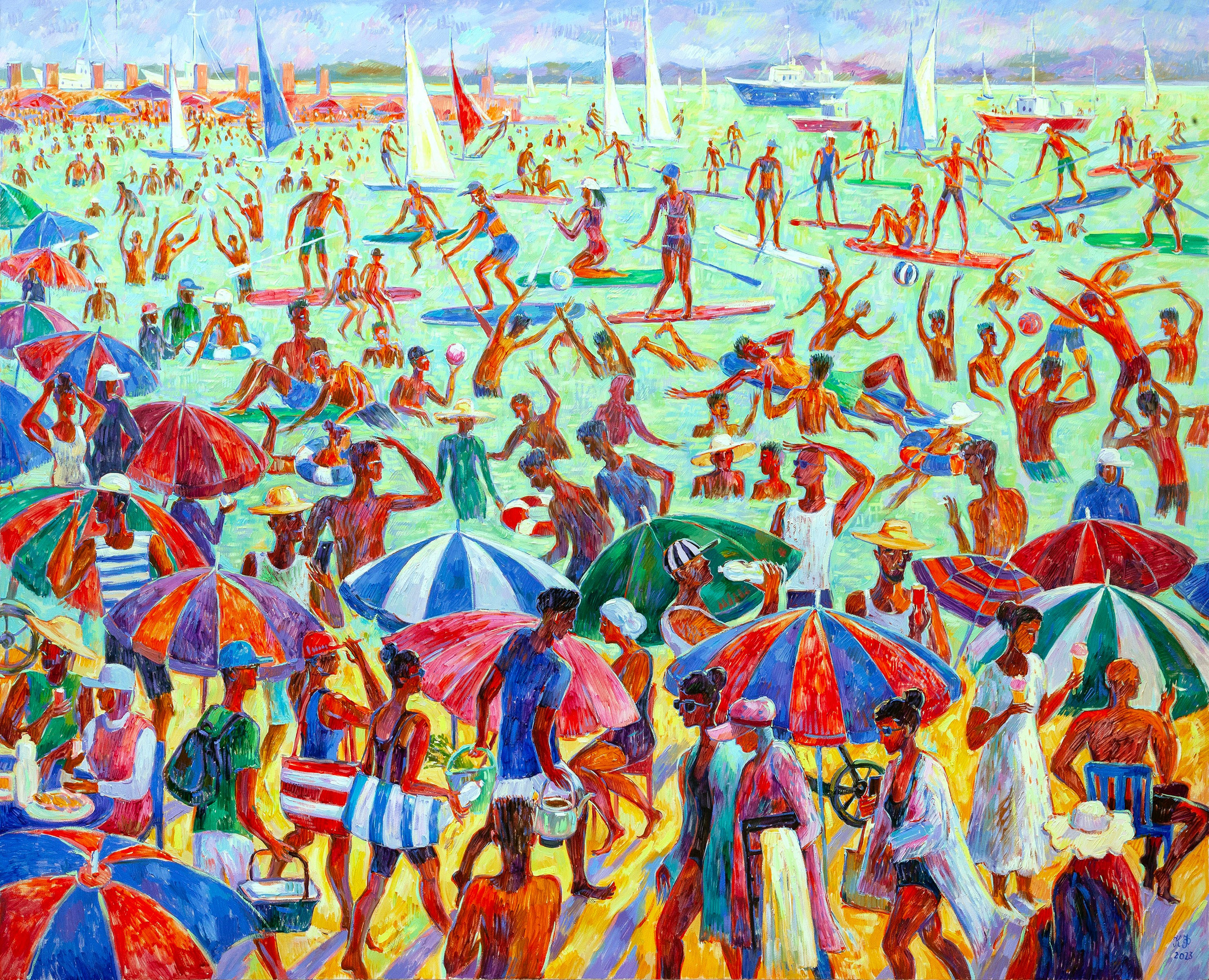 A genre composition of red figures bathing in green water at the Tunisian Gulf near Sidi bou Said