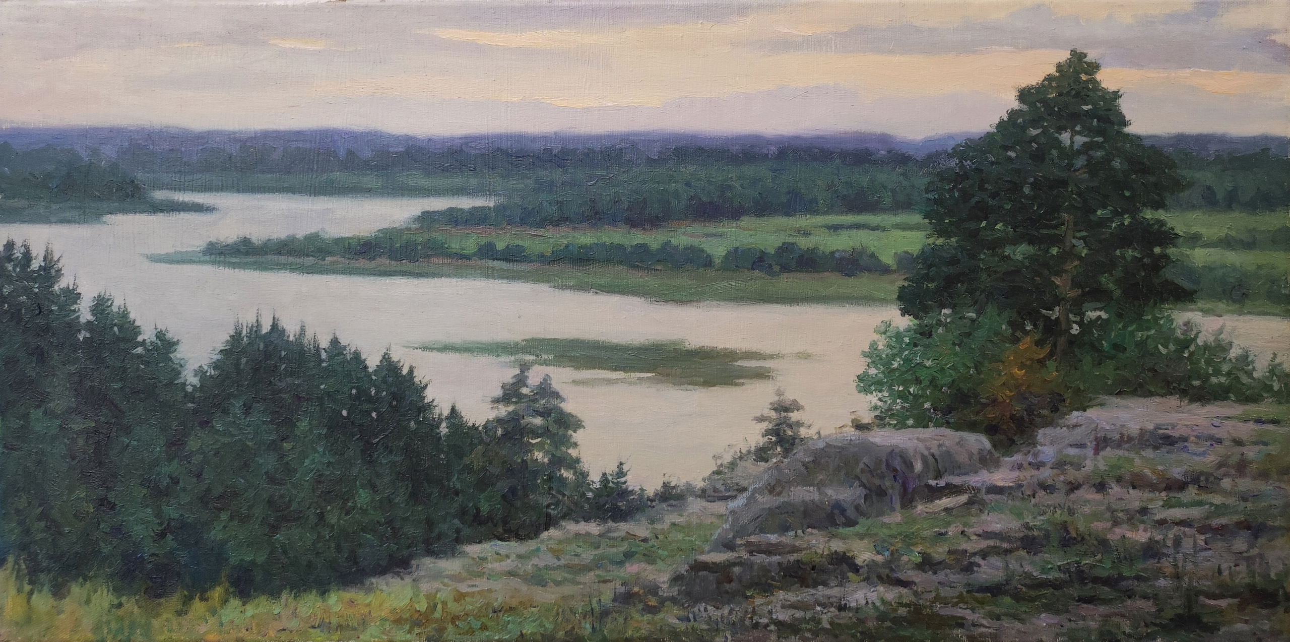 Пейзаж маслом – вид с горы Паасо, Карелия, панорама, художник – Лев Феофанов