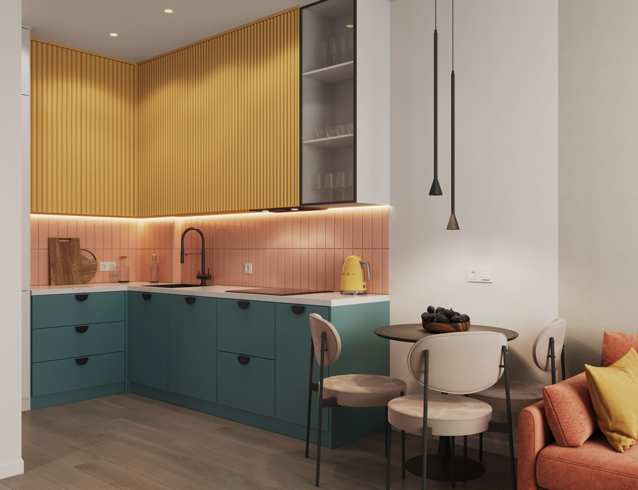 Яркий интерьер кухни-гостиной в ЖК Наследие на Марата 55 м², авторский дизайн Ксения Новикова, ksudsgn, Петербург, цветная кухня