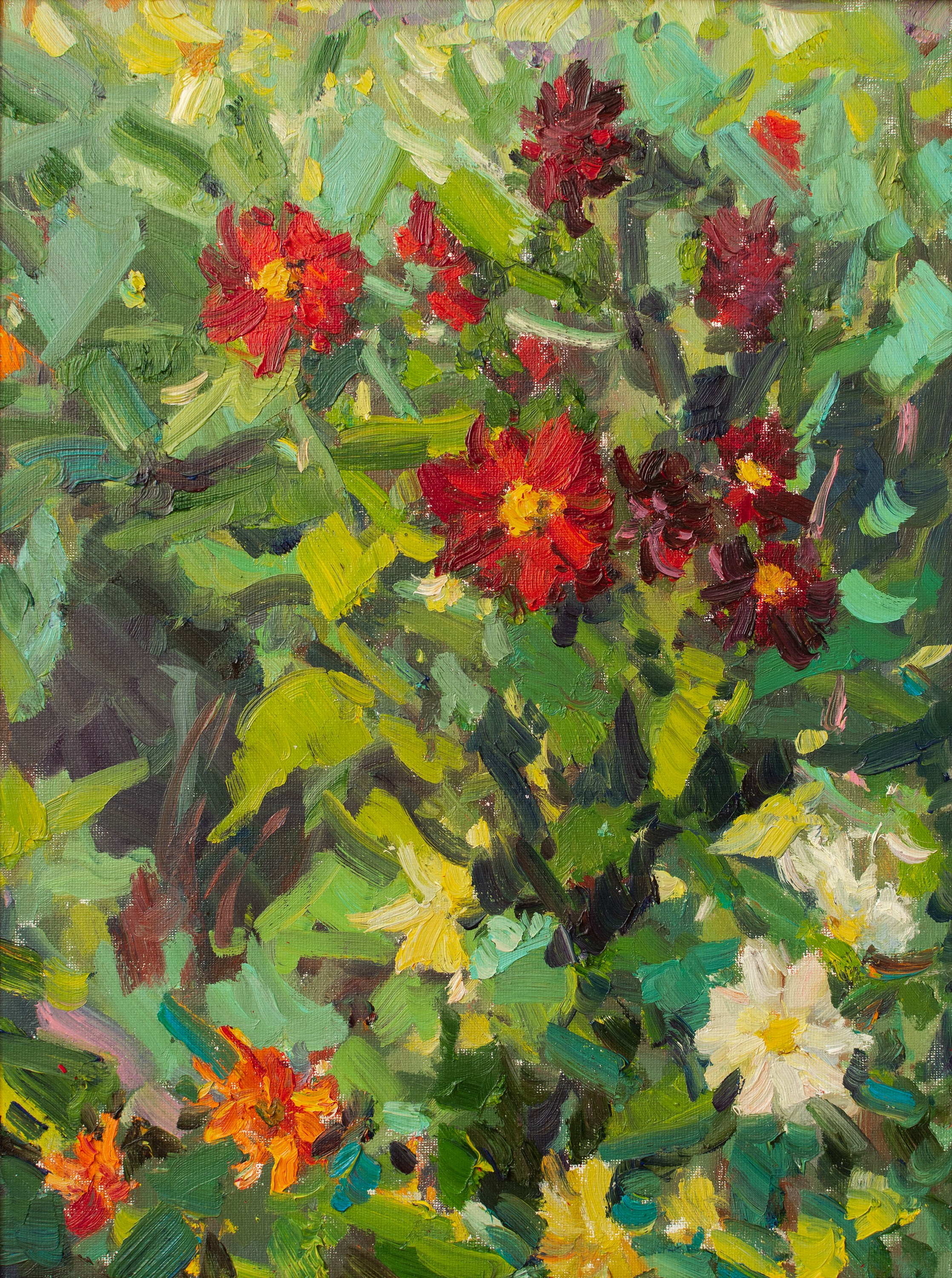 "A study.Dahlias bloomed" canvas on cardboard, oil 40x30cm, 2025