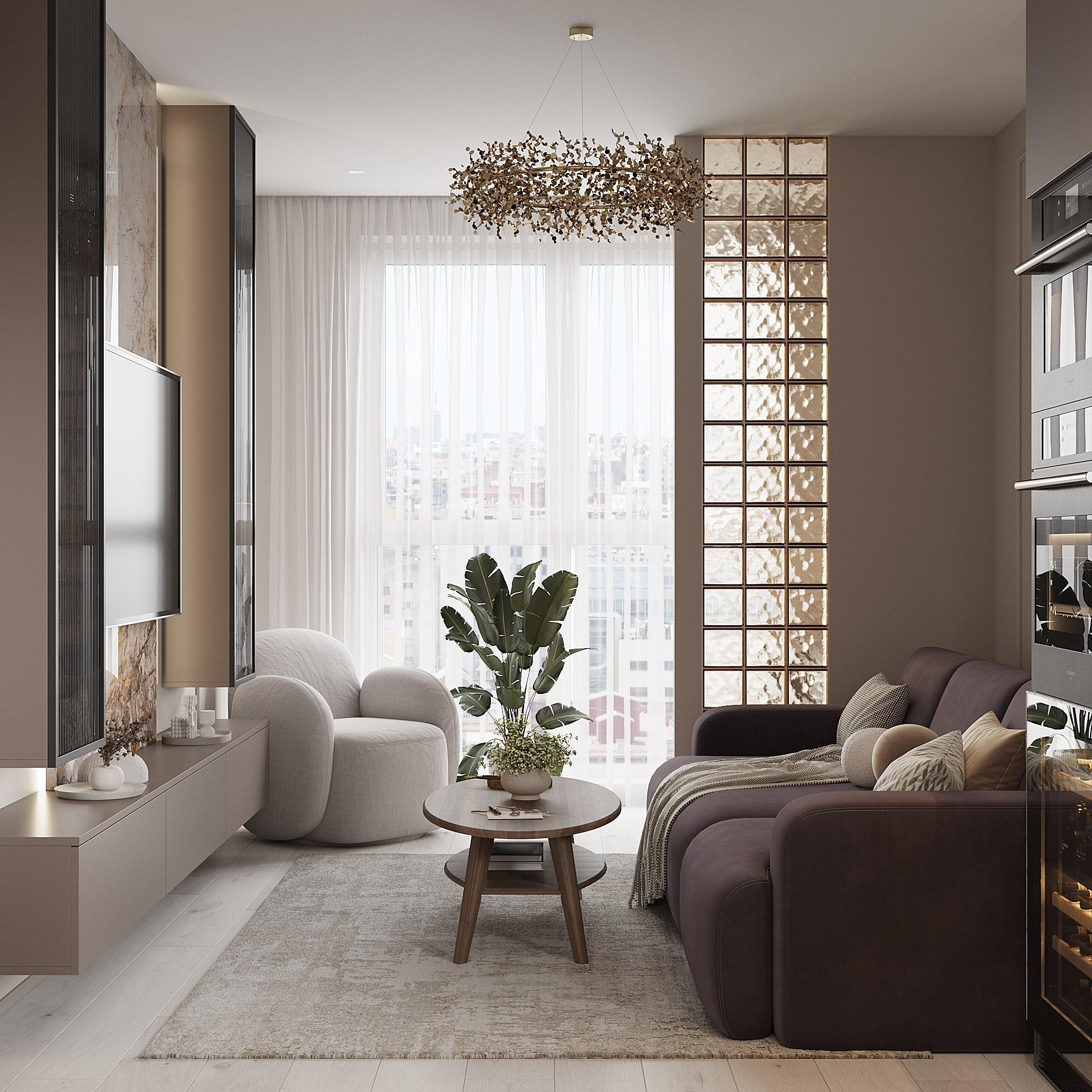 дизайн интерьера кухни-гостиной стеклоблоки