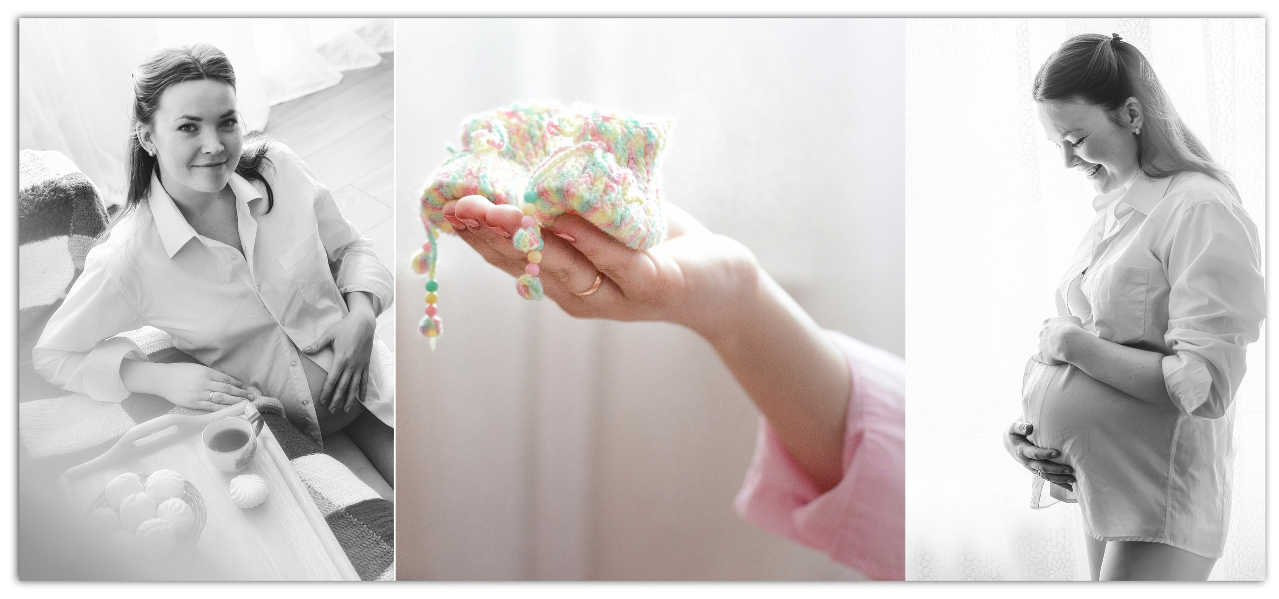 Беременная женщина в уютной комнате, нежно держащая маленькие вязаные пинетки
