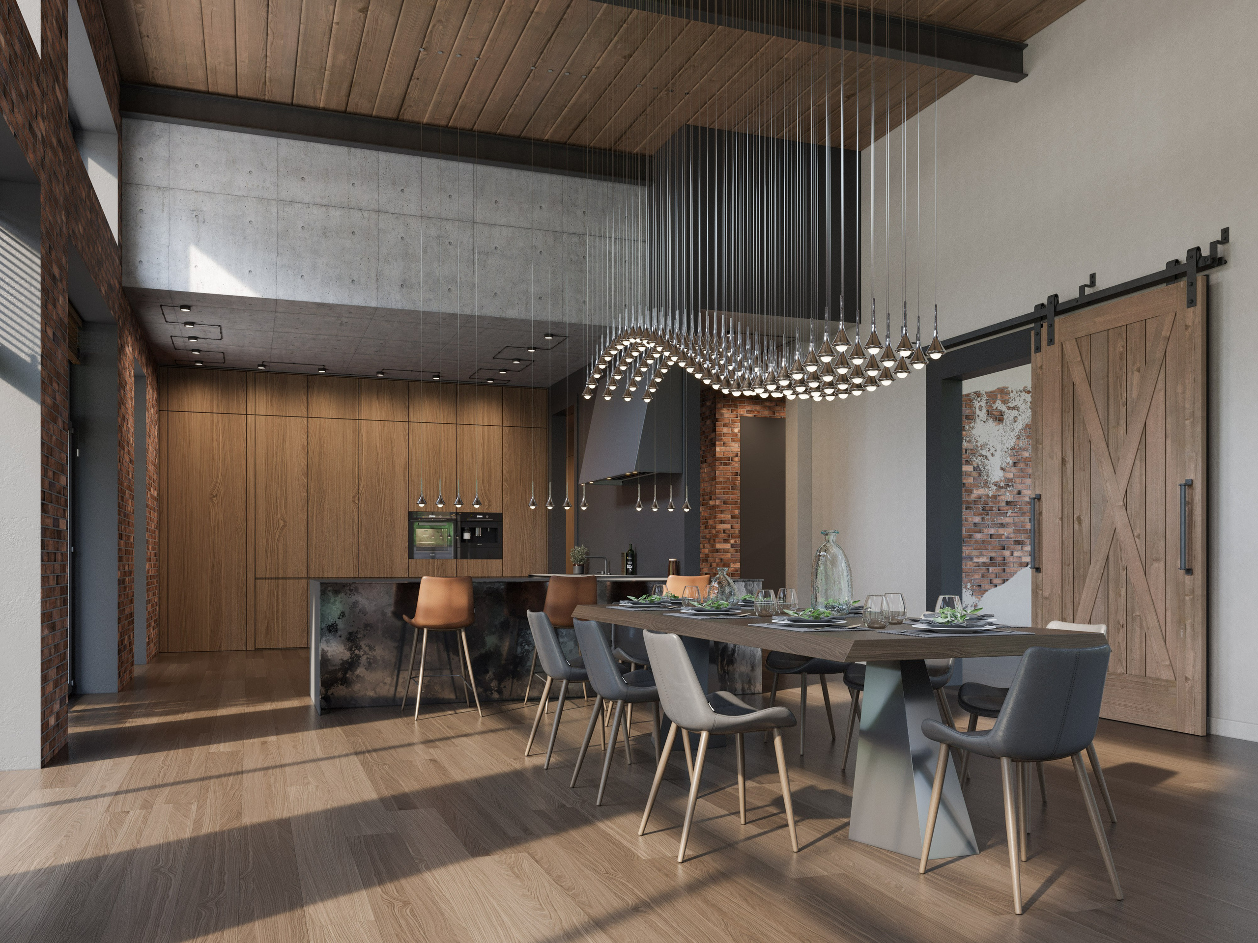 Столовая зона с подвесными светильниками и деревянным столом