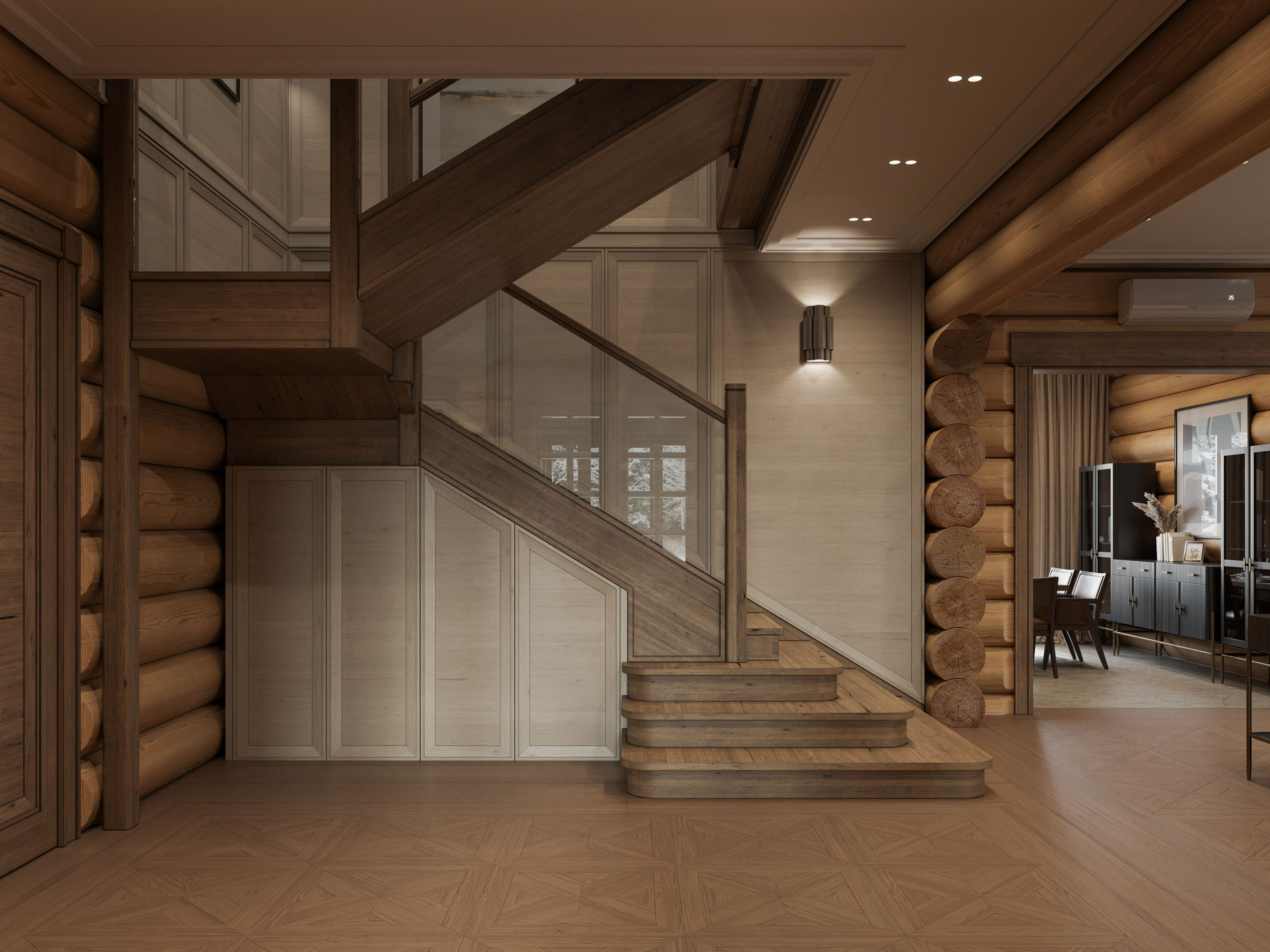 Лестница в доме из сруба с современными перилами и деревянными ступенями - 3D рендер