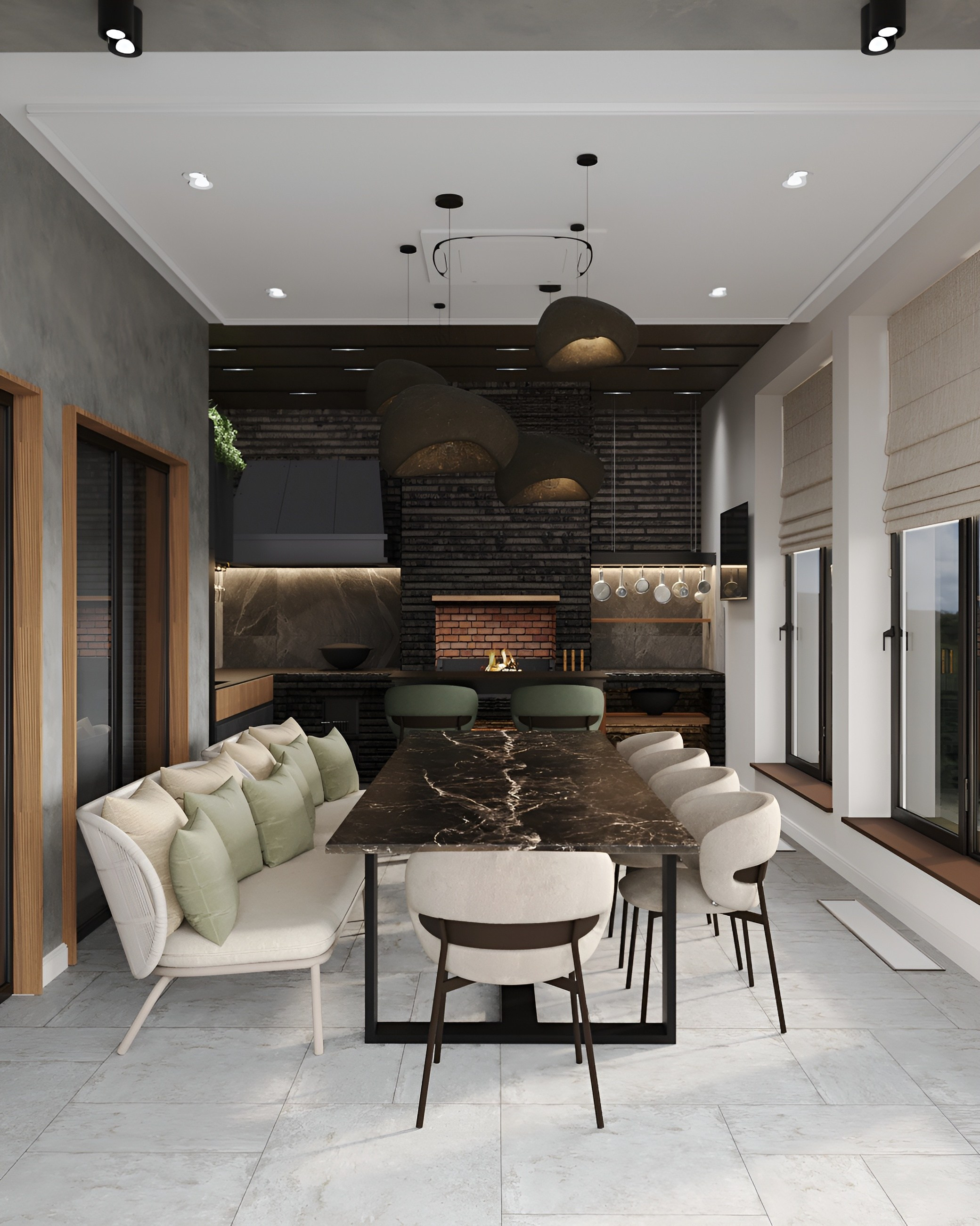 Терраса в загородном доме с камином. 3D Визуализация интерьеров жилых и коммерческих помещений