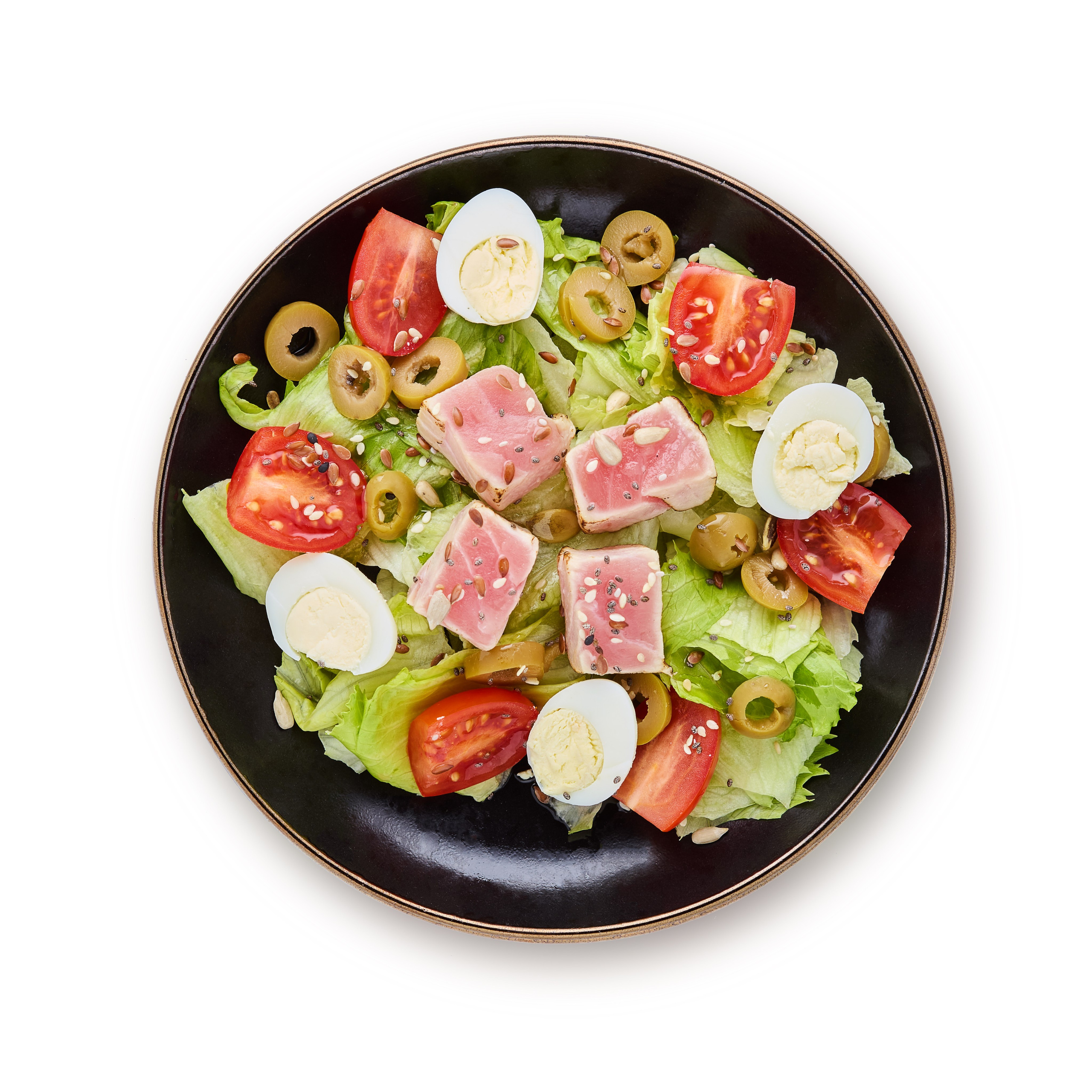 Салат Киото с тунцом - Тунец, помидорки, оливки, лист салата, яица перепелиные, рукола 